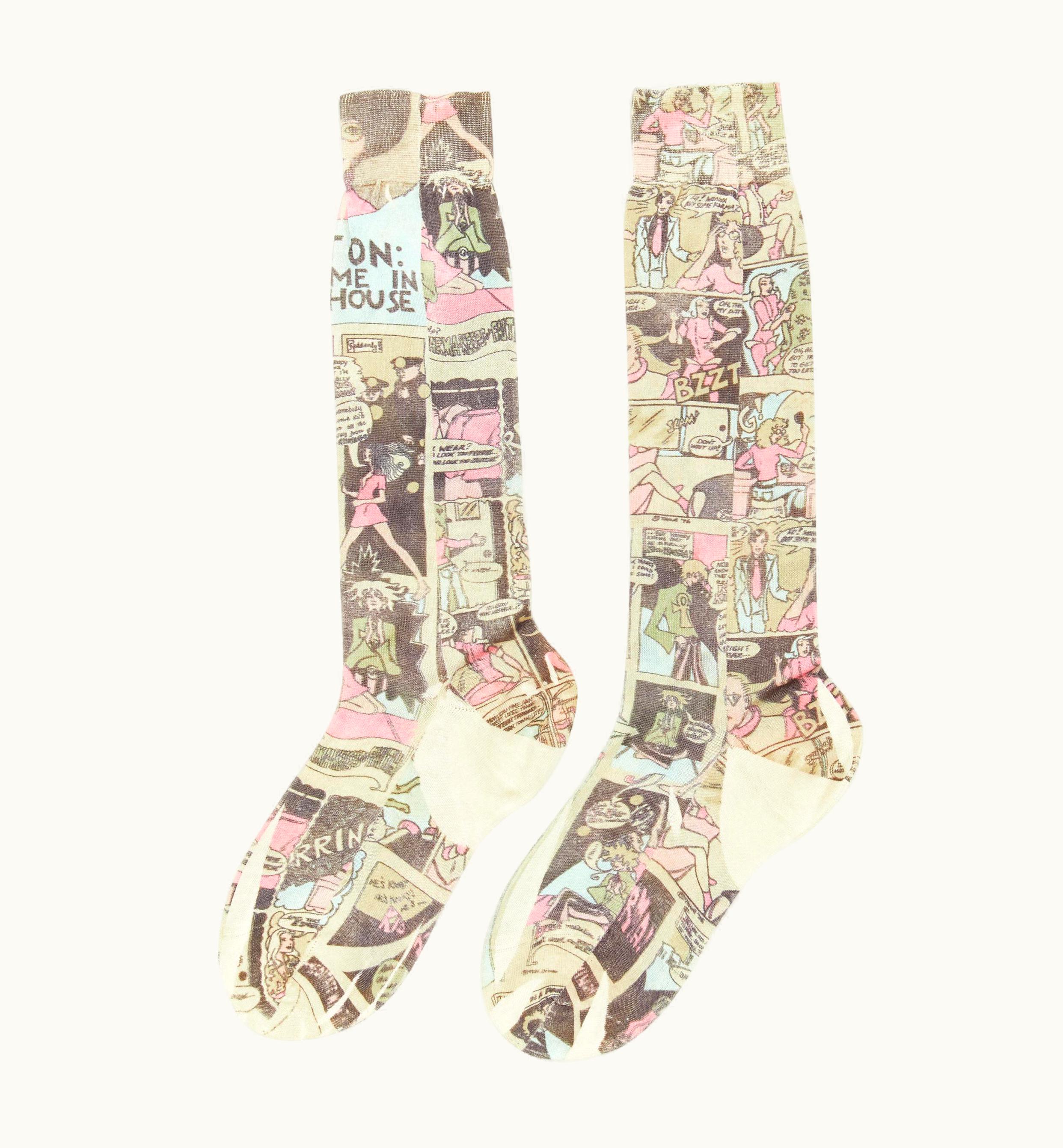 Prada Rare Prada Runway Comic Print Cotton Long Socks