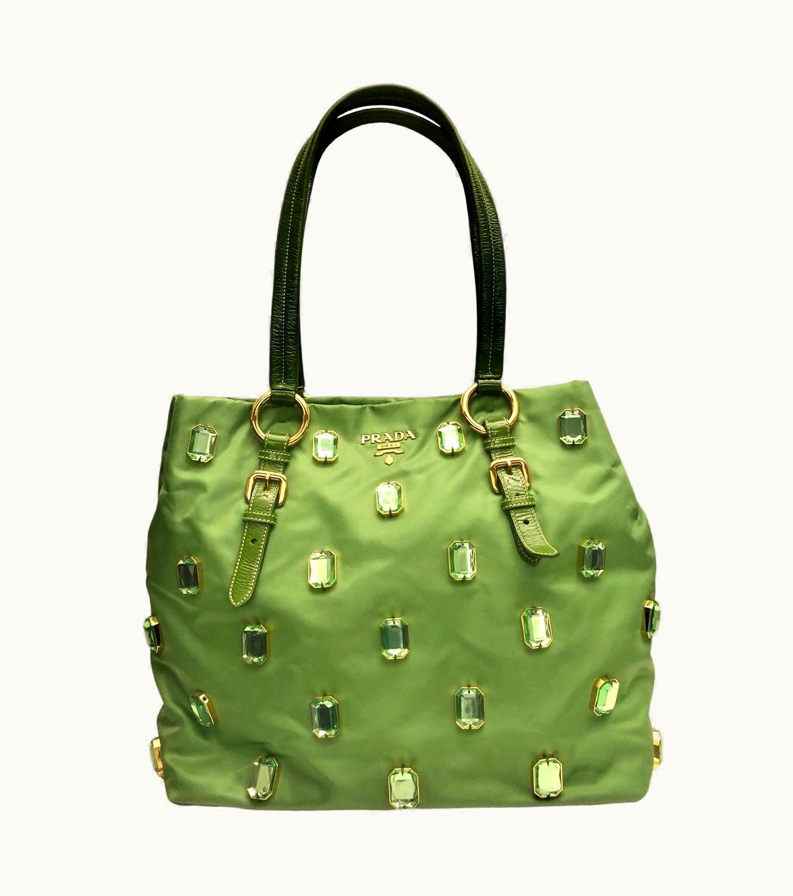 Prada Prada Green Tessuto Pietre Jewelled Nylon Tote Bag
