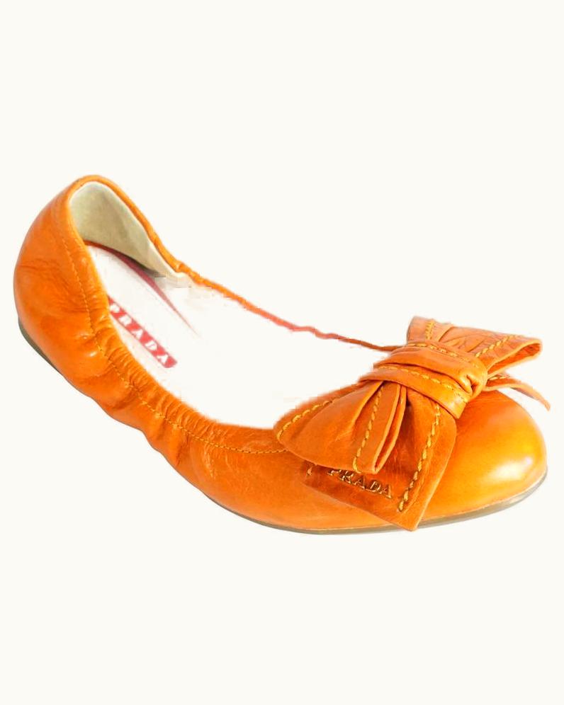Prada Prada Orange Leather Ballet Flats With Bows