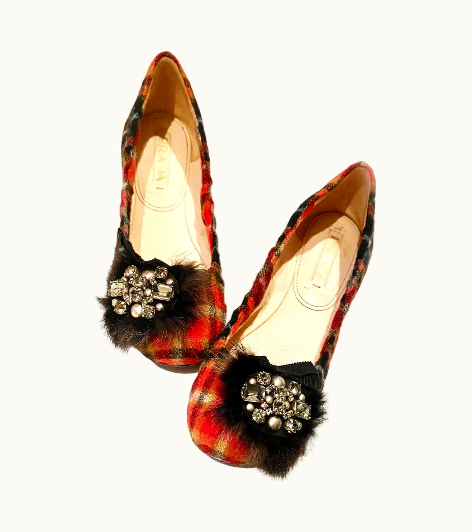 Prada 2000s Prada Tartan Wool Jeweled Feather Ballerina Flats