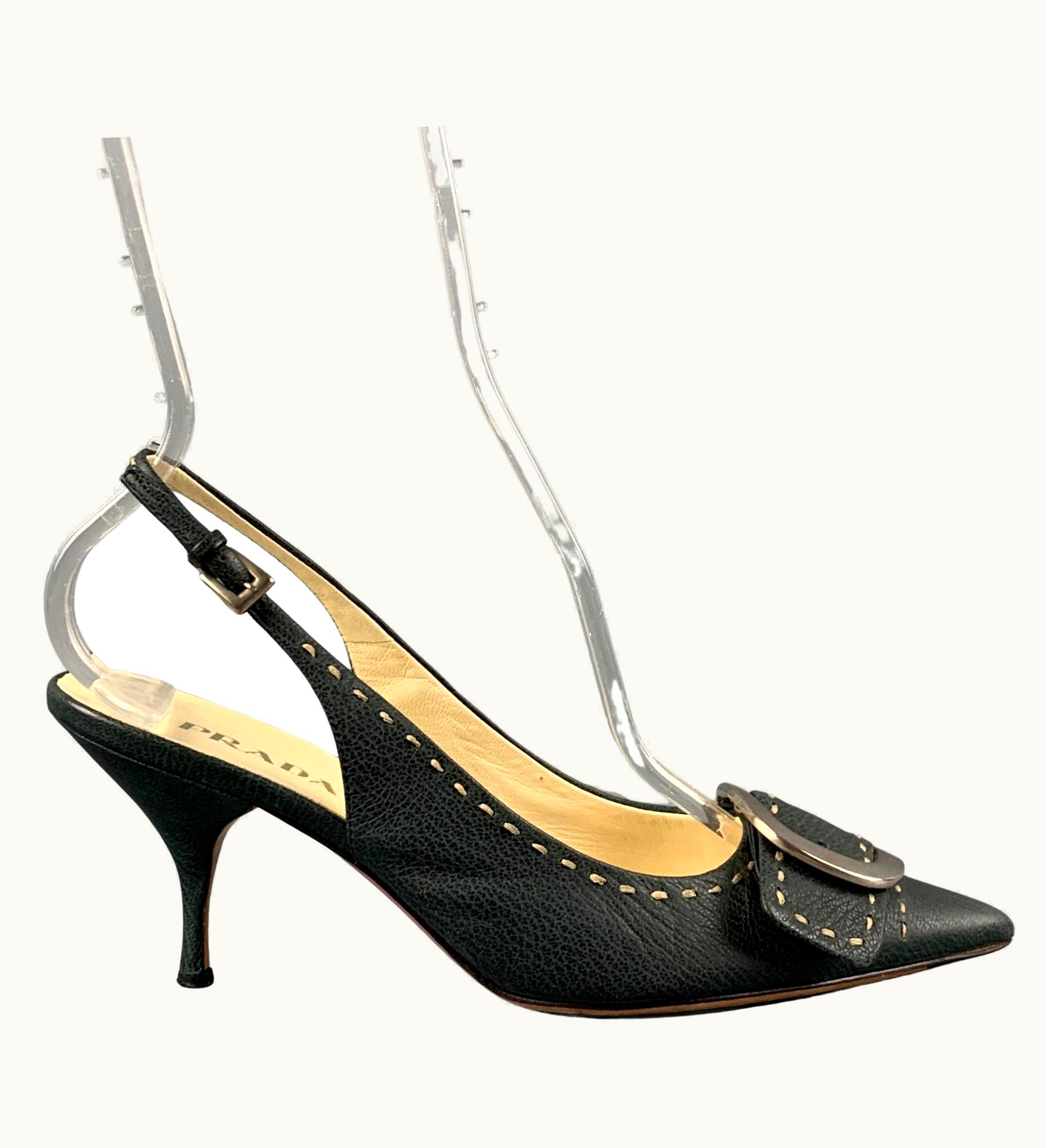Prada Prada Navy Leather Buckle Slingback Pumps