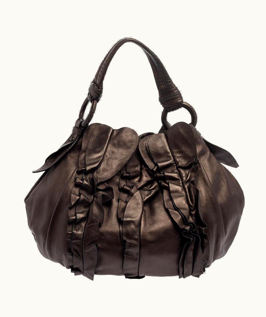 Prada Prada Metallic Dark Brown Leather Ruffle Hobo