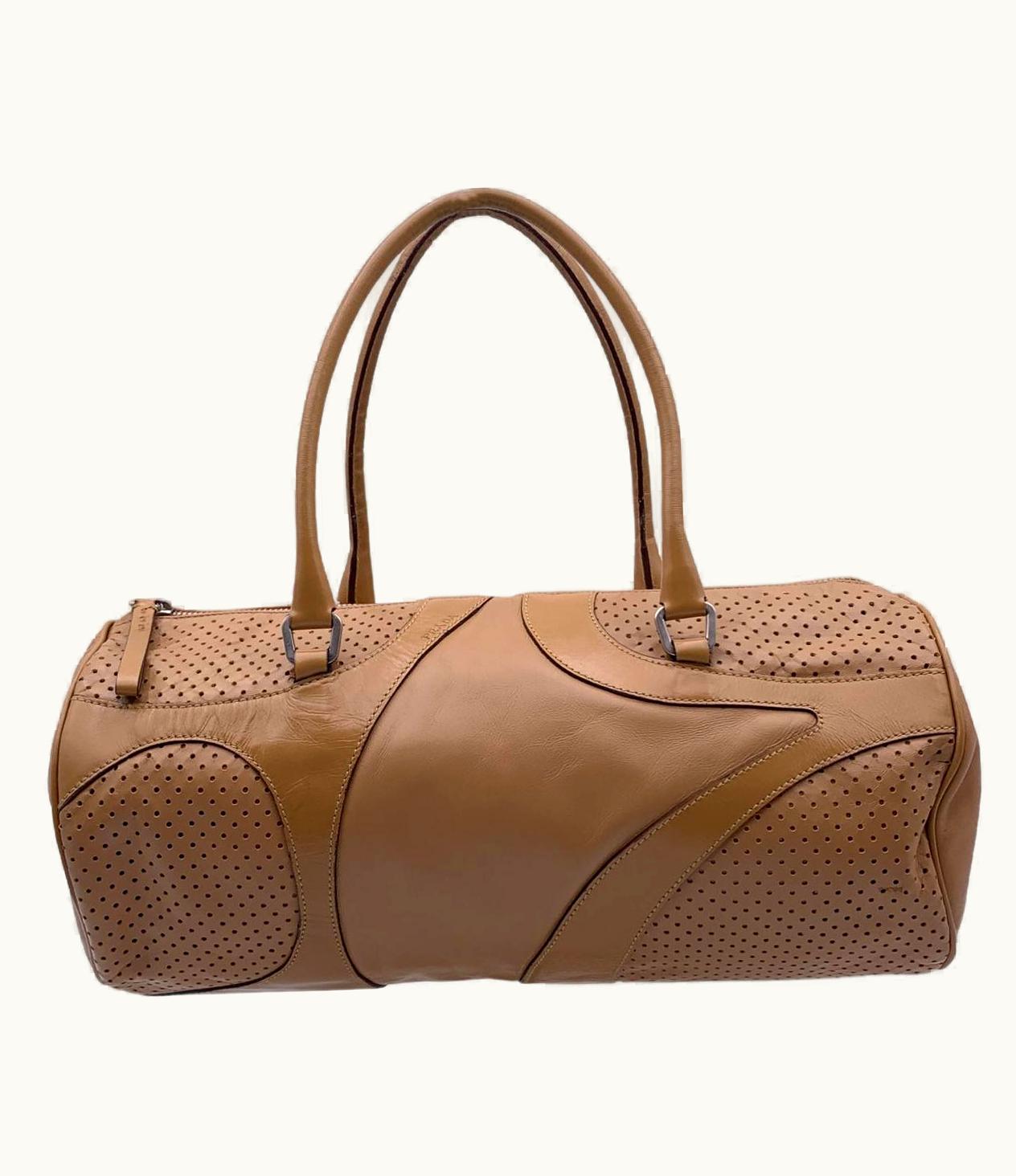 Prada Prada Beige Leather Perforated Bowling Barrel Bag Handbag