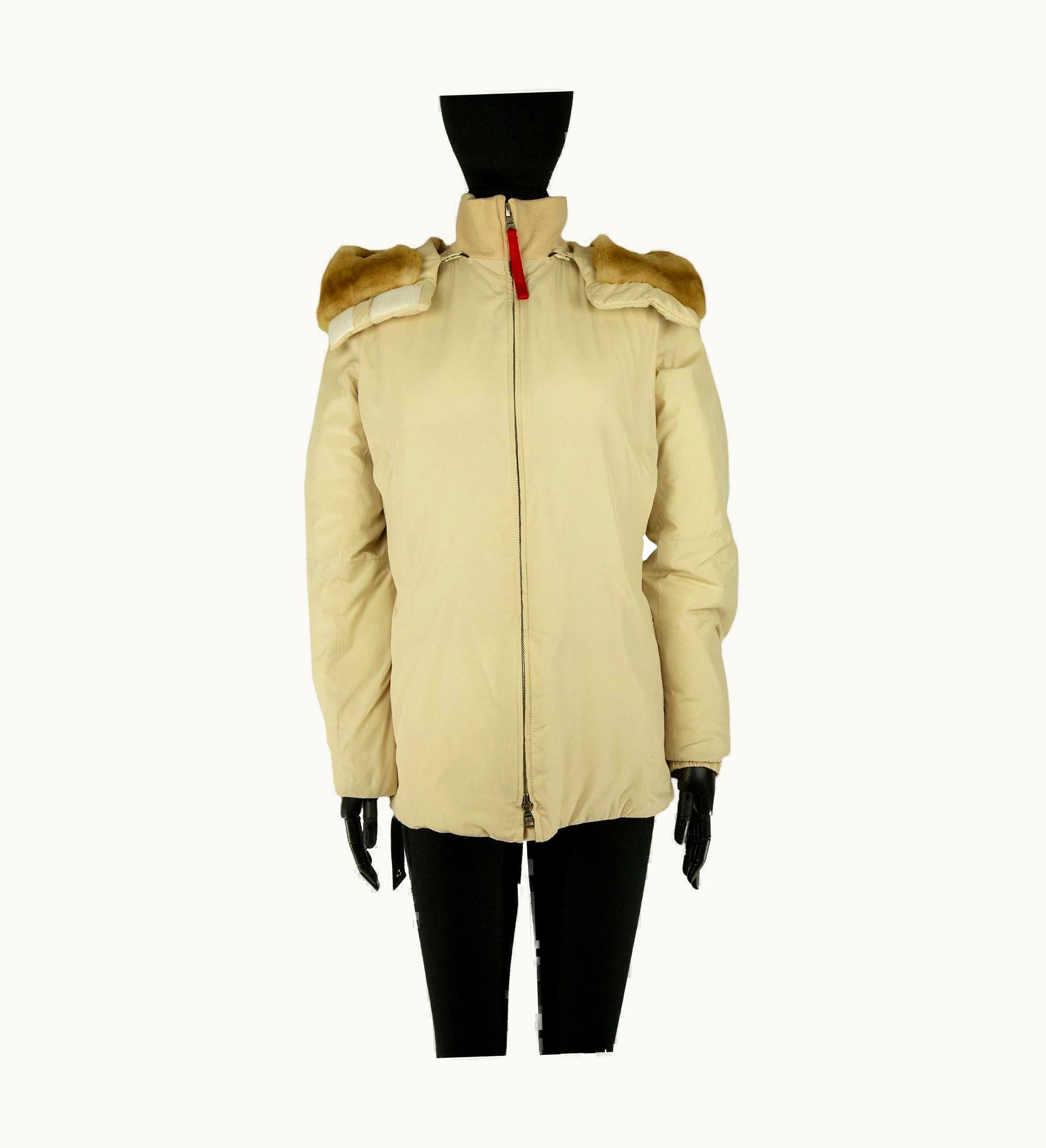 Prada Prada Ecru Down Coat With Fur Trimmed Hood