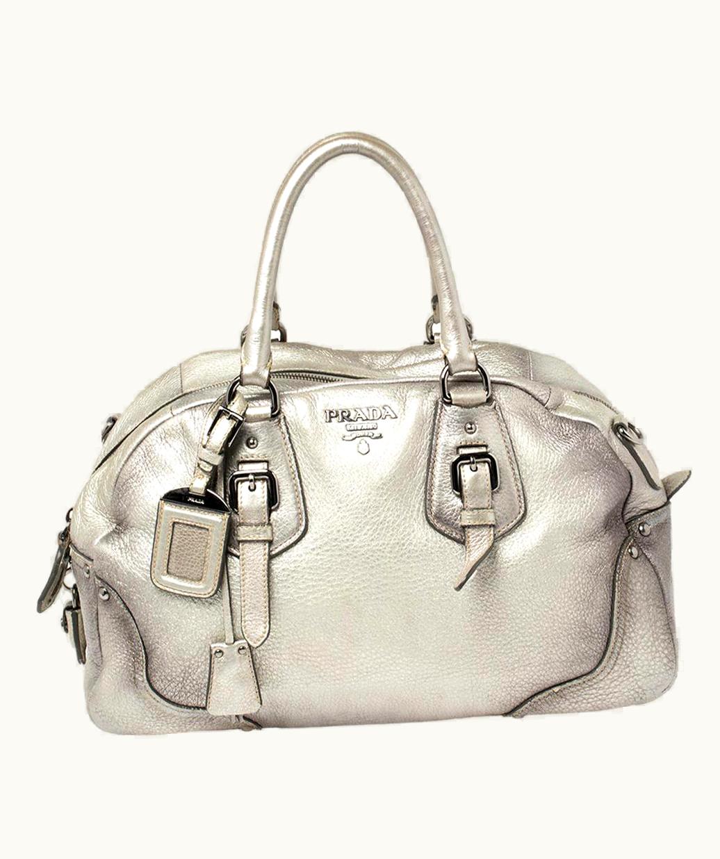 Prada Prada Metallic Silver Cervo Antik Leather Bauletto Bag
