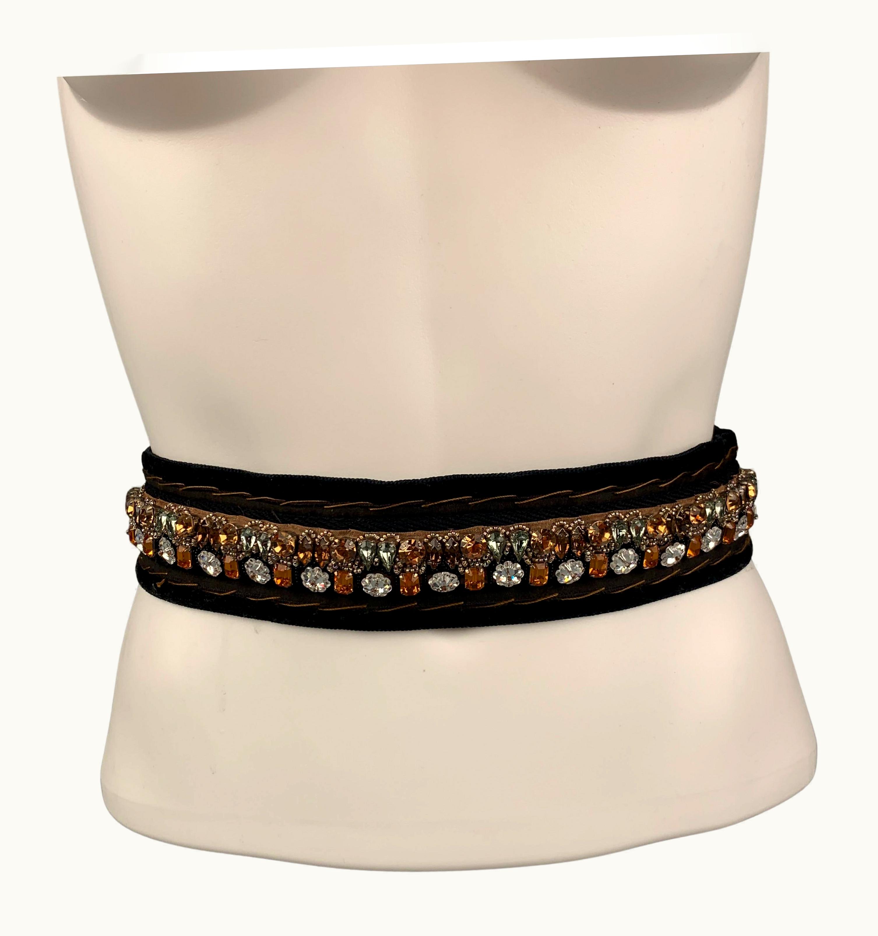 Prada Prada One Size Black Gold Velvet Rhinestones Belt