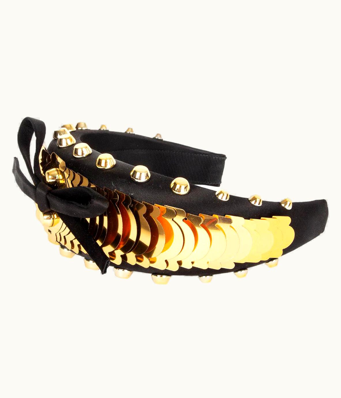 Prada Auth Prada Black & Gold Satin Embellished Studded Headband