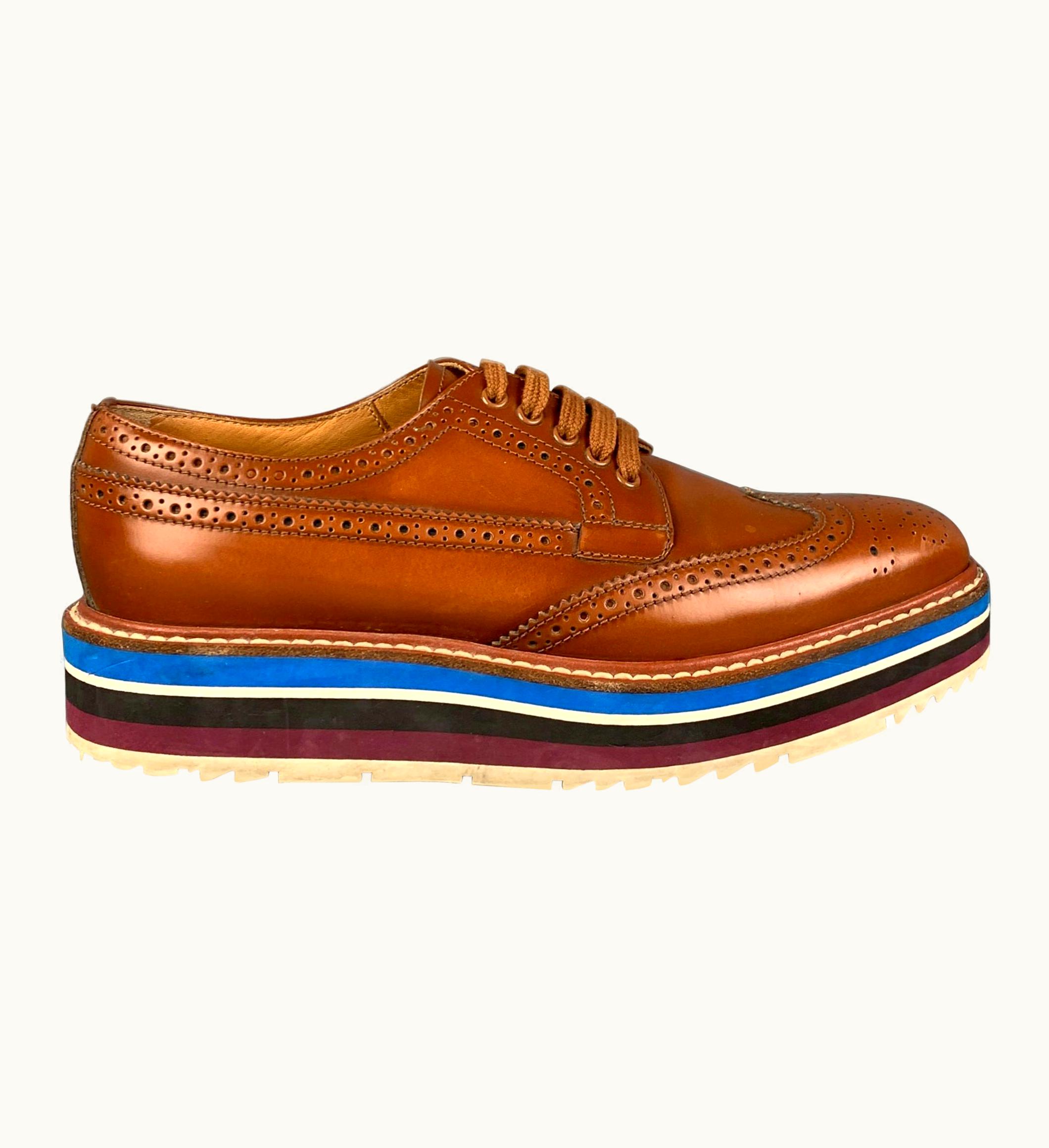 Prada Prada .5 Tan Leather Perforated Wingtip Shoes