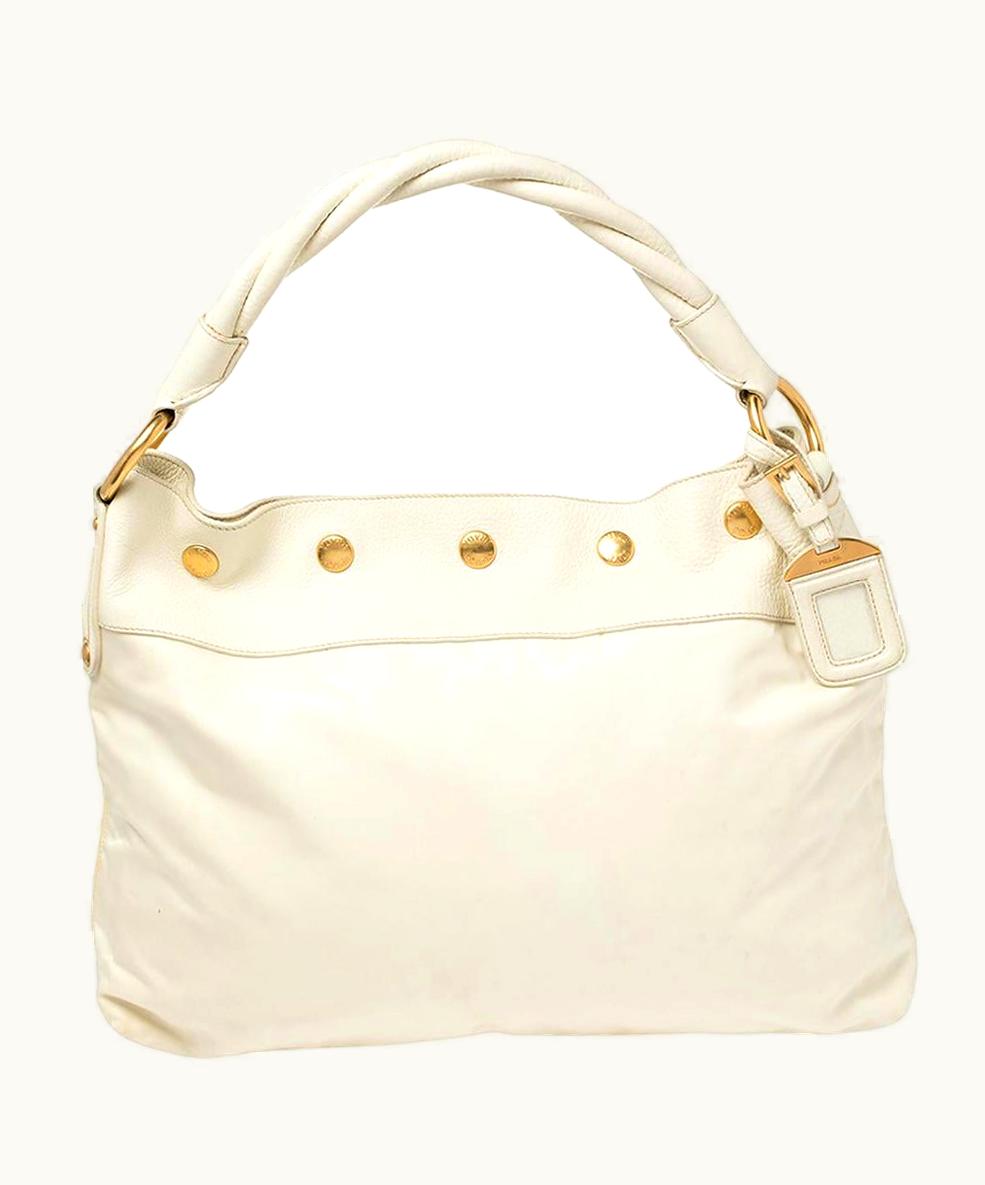 Prada Prada Braided Handle Nylon and Leather Hobo Bag White