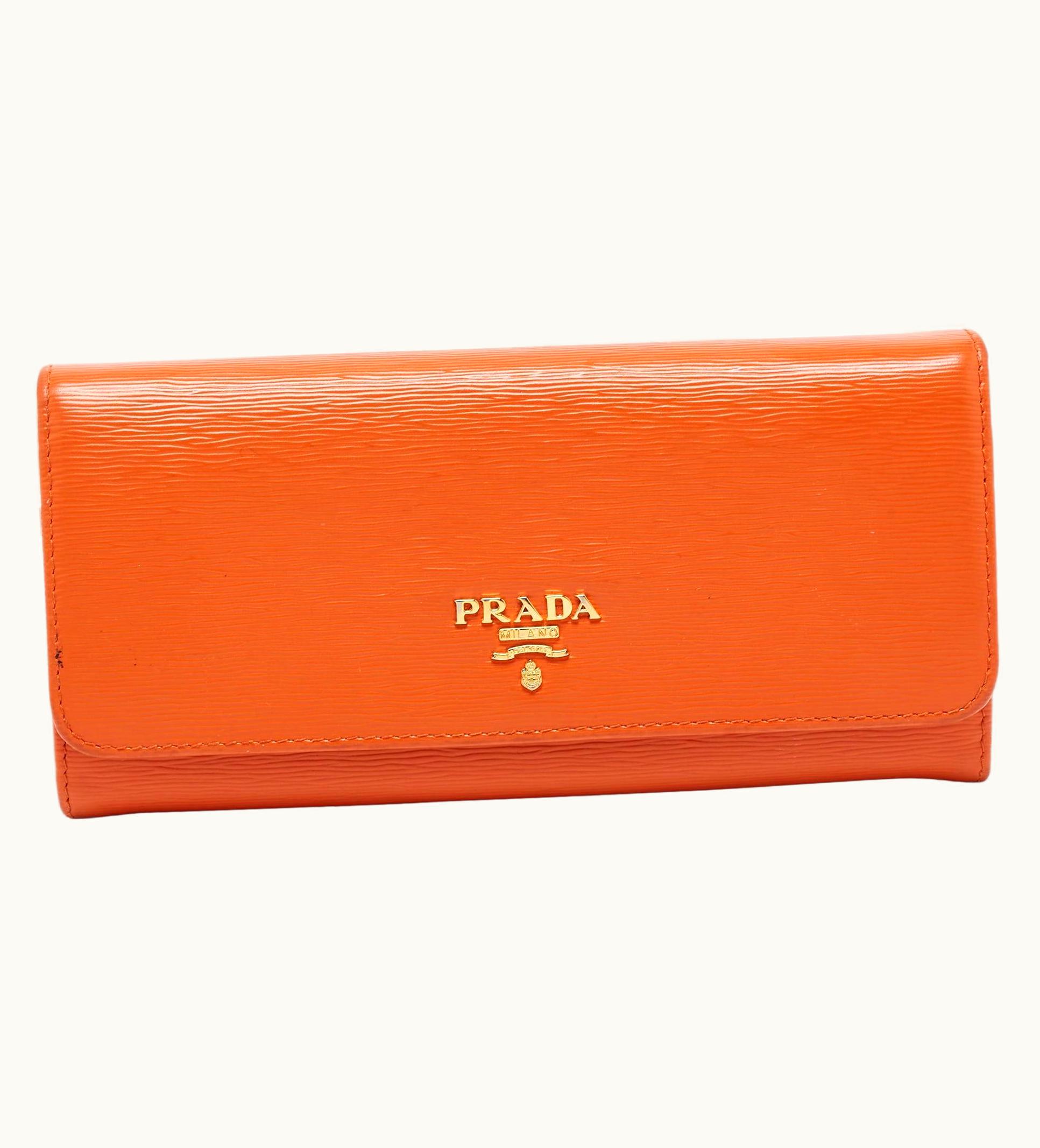 Prada Prada Orange Saffiano Lux Leather Flap Continental Wallet