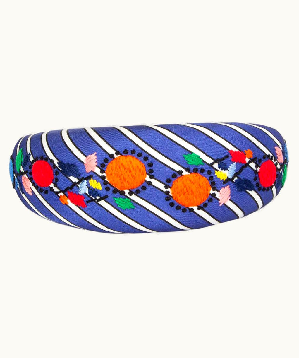 Prada Auth Prada Blue Striped Satin Floral Embroidered Headband