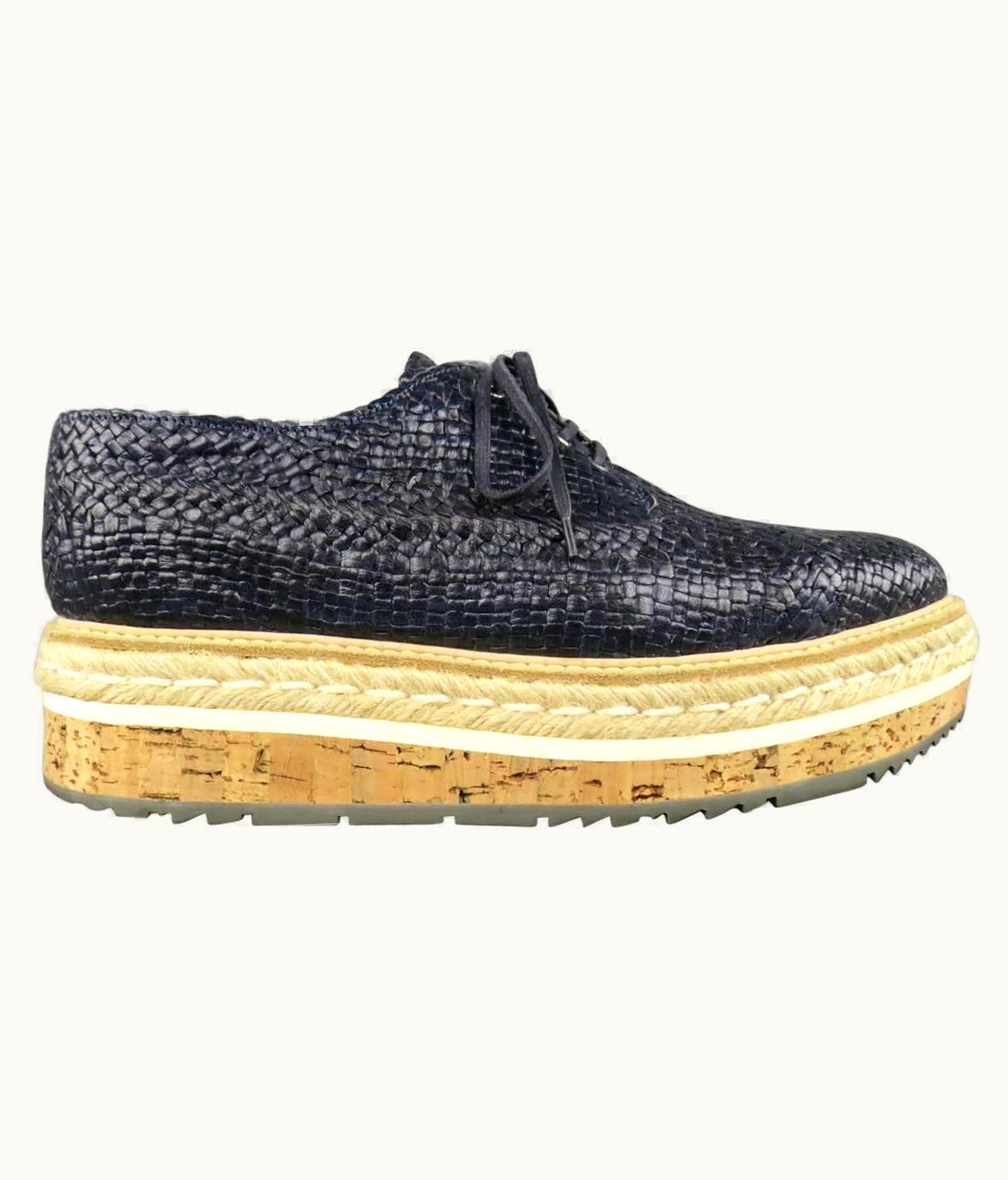 Prada Prada Navy Woven Leather Cork Platform Dress Shoes