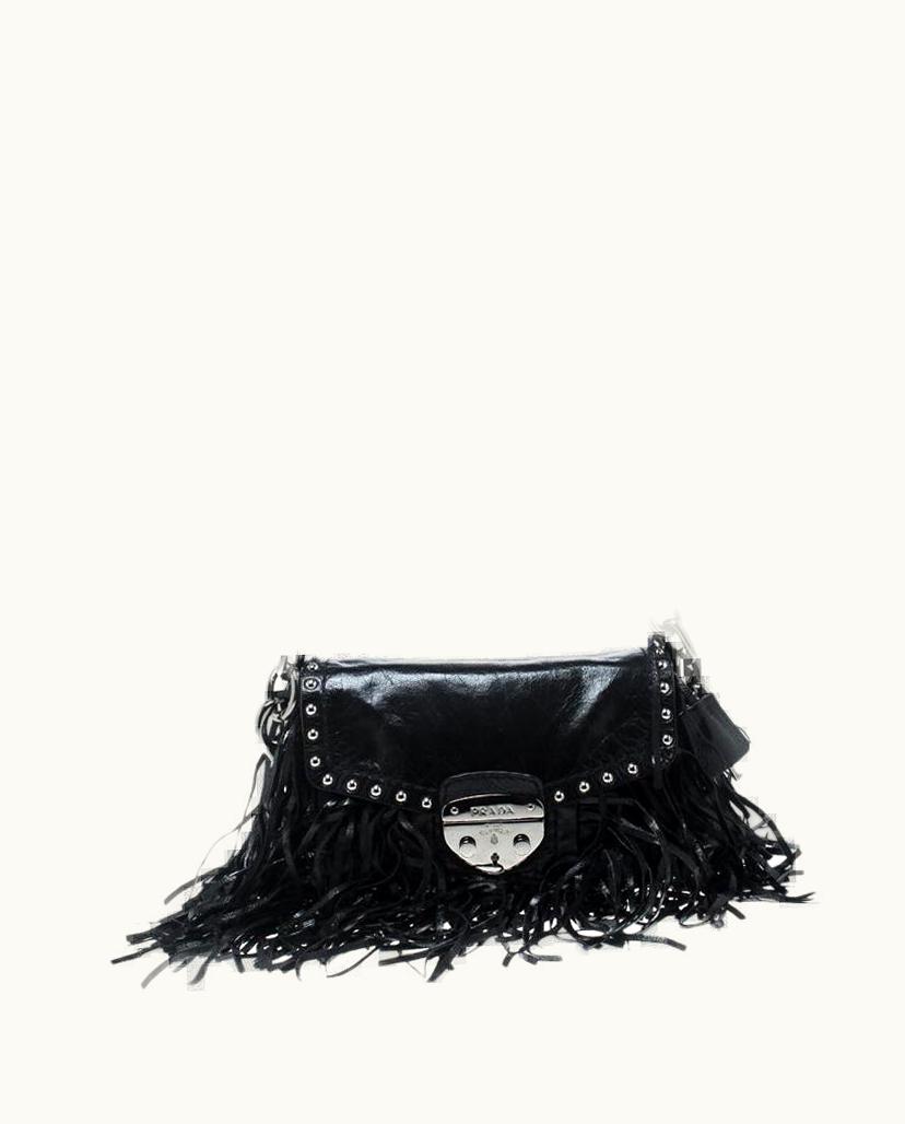 Prada Prada Black VItello Shine Leather Fringe Shoulder Bag
