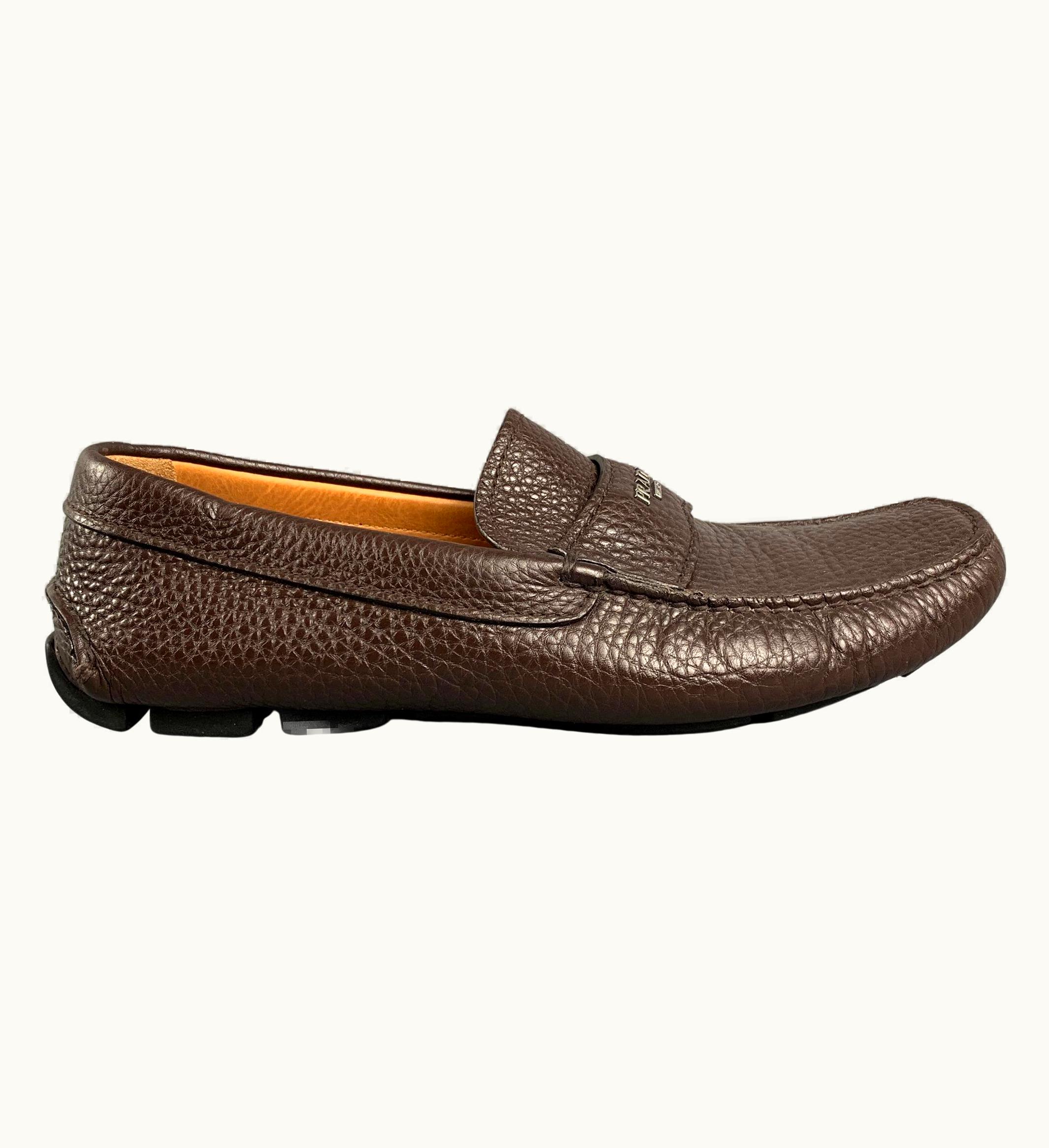 Prada Prada Brown Textured Leather Drivers Loafers