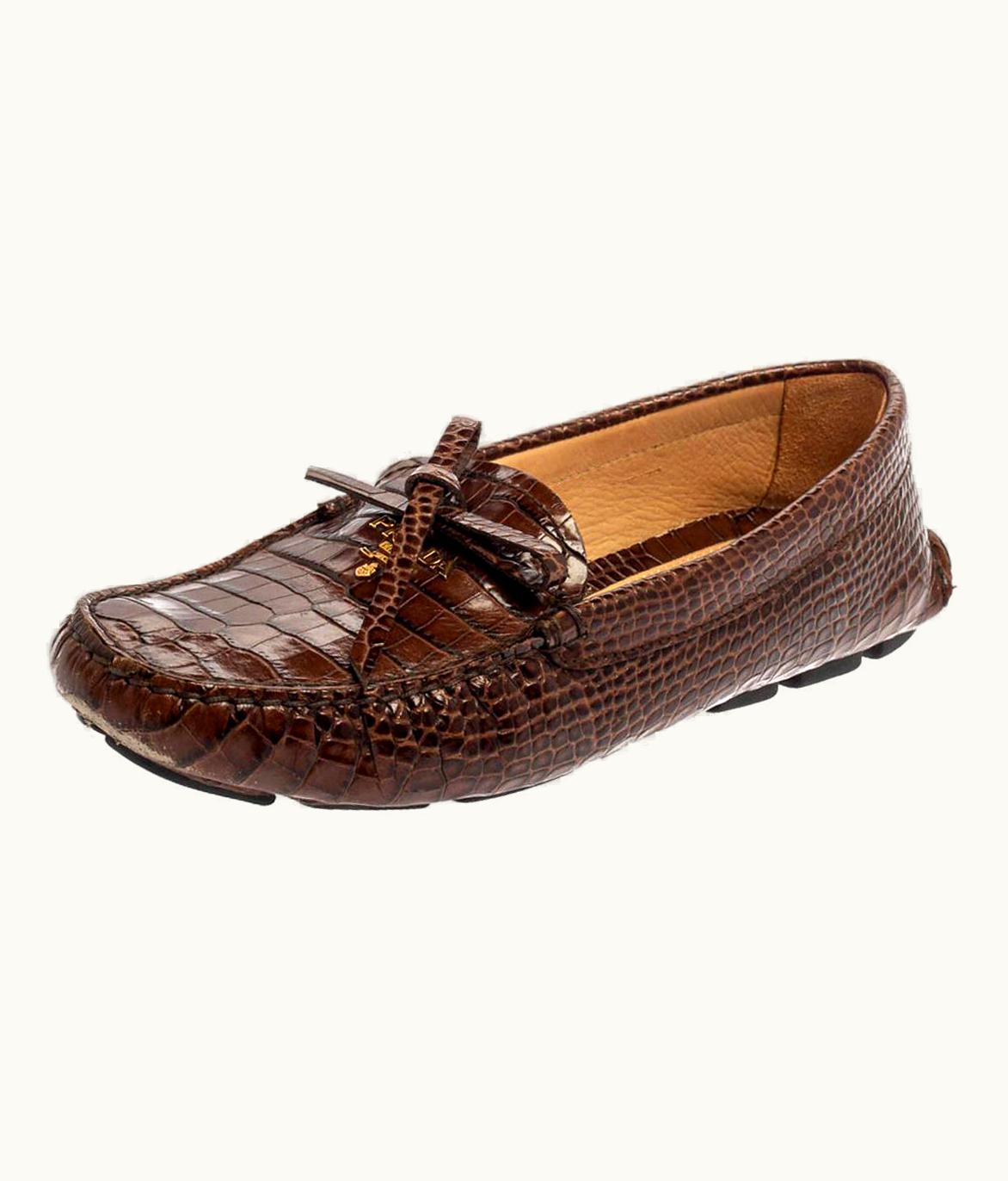 Prada Prada Brown Croc Embossed Leather Loafers
