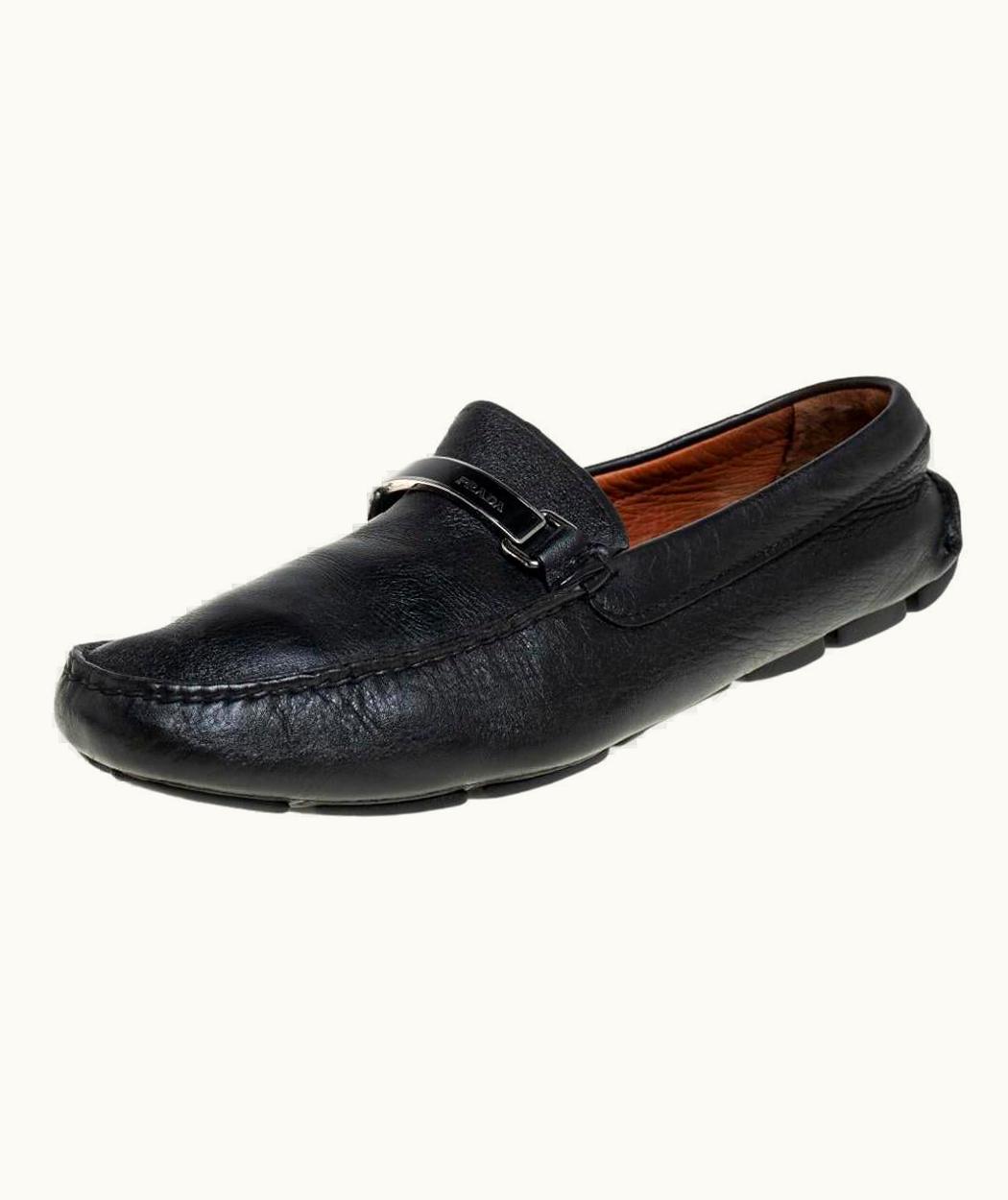 Prada Prada Black Leather Logo Embellished Loafers