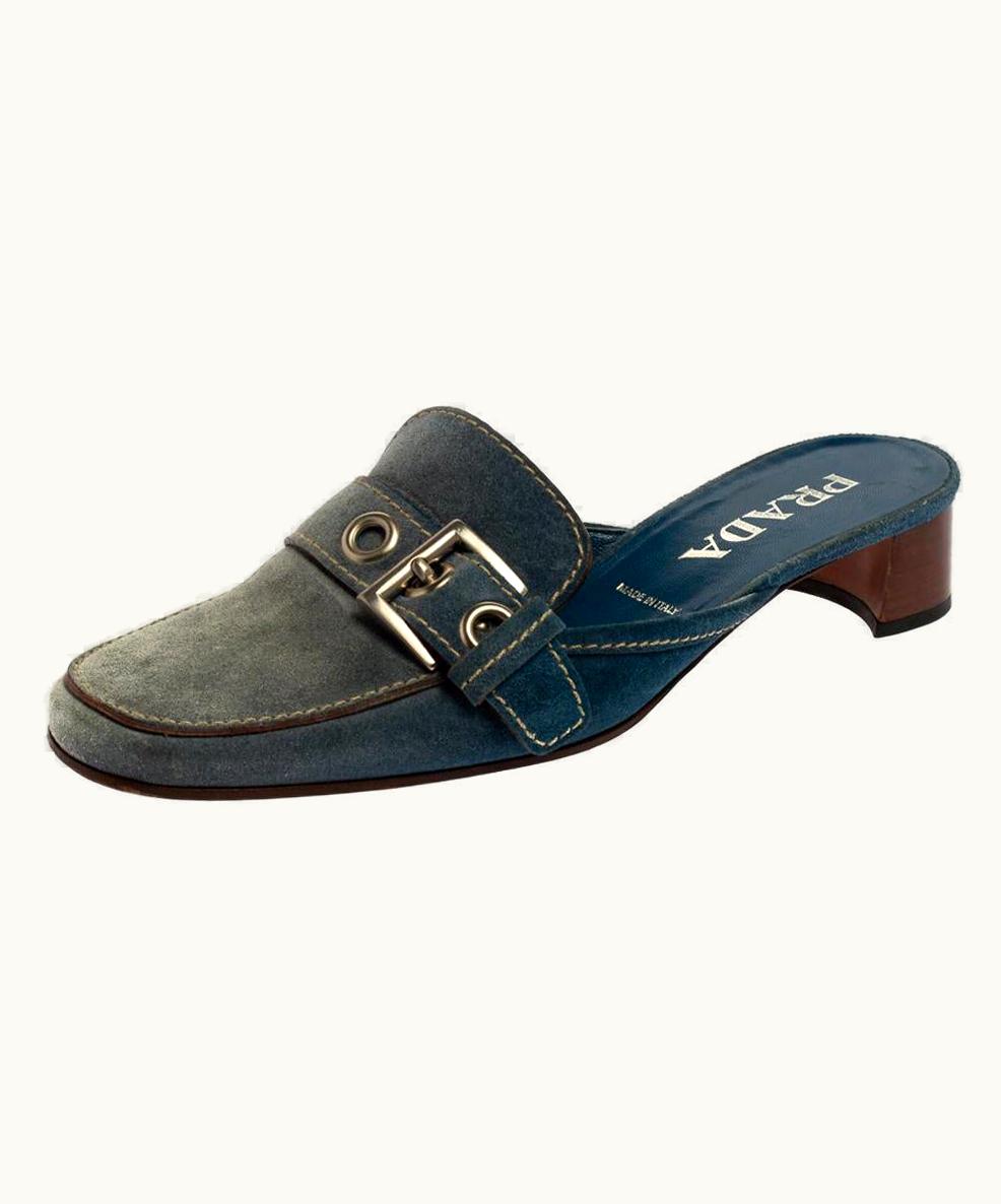 Prada Prada Blue Denim Buckle Mule Sandals