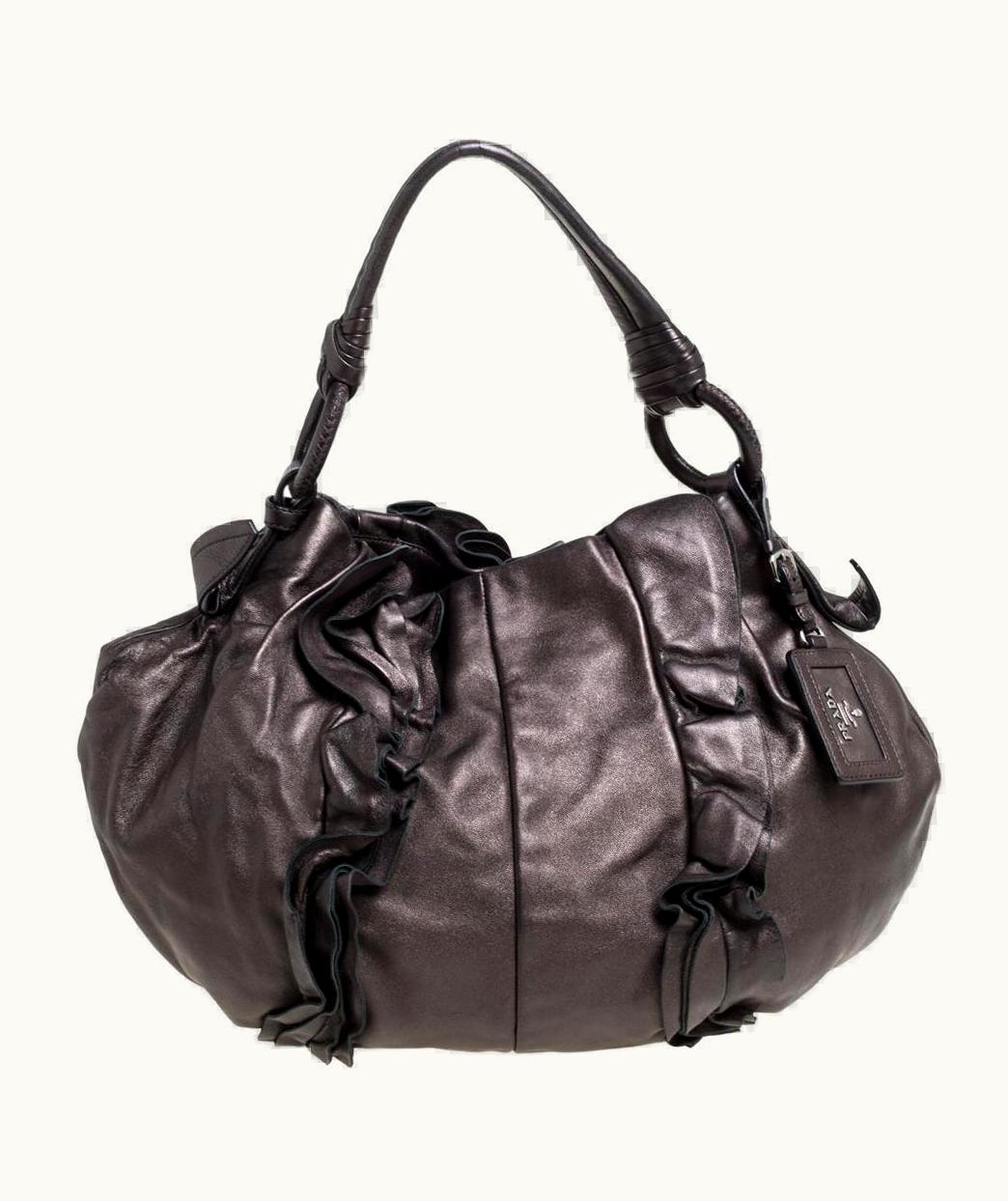 Prada Prada Metallic Dark Brown Leather Ruffle Mordore Hobo