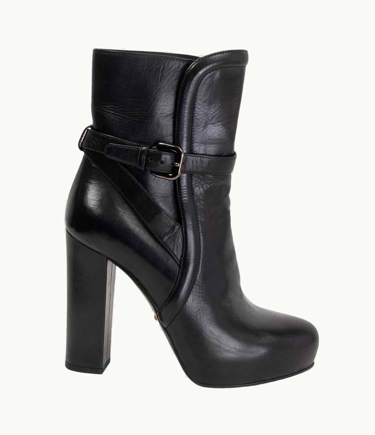 Prada Prada Black Leather Platform Ankle Boots Shoes
