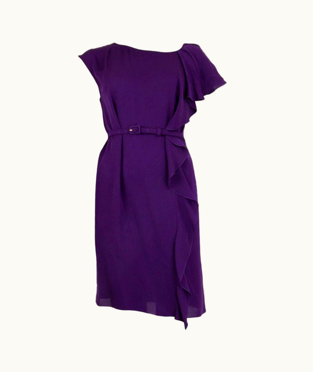 Prada Prada Purple Silk Belted Ruffle Sleeve Dress