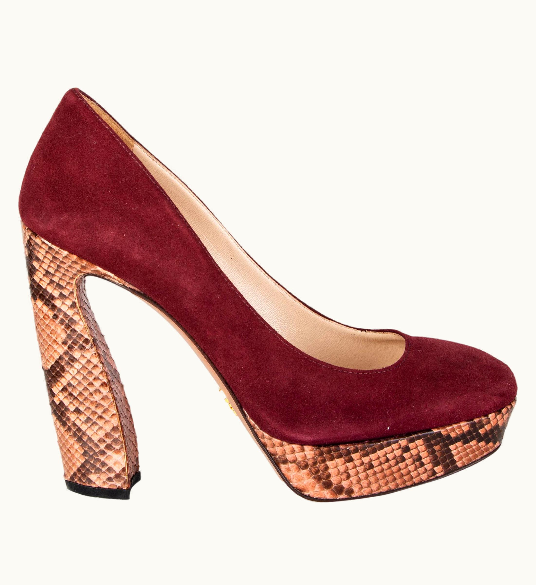 Prada Prada Burgundy Suede Python Platform Pumps Shoes