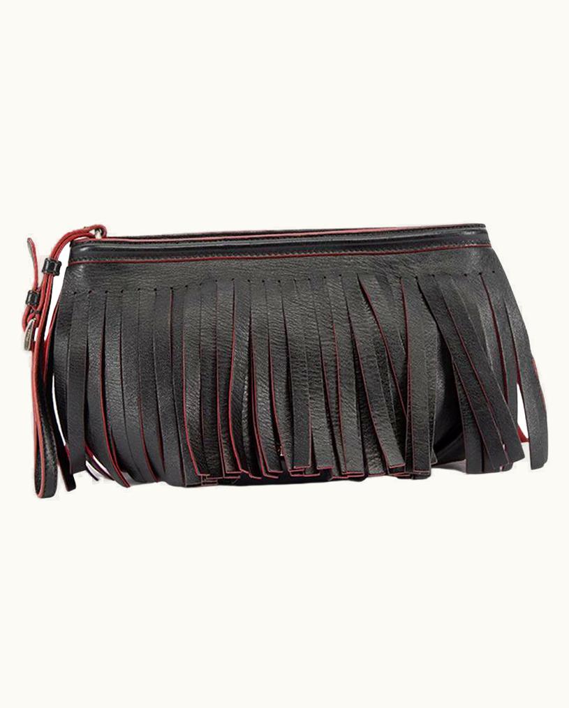 Prada Prada Women' Black Leather Contrast Red Fringe Clutch