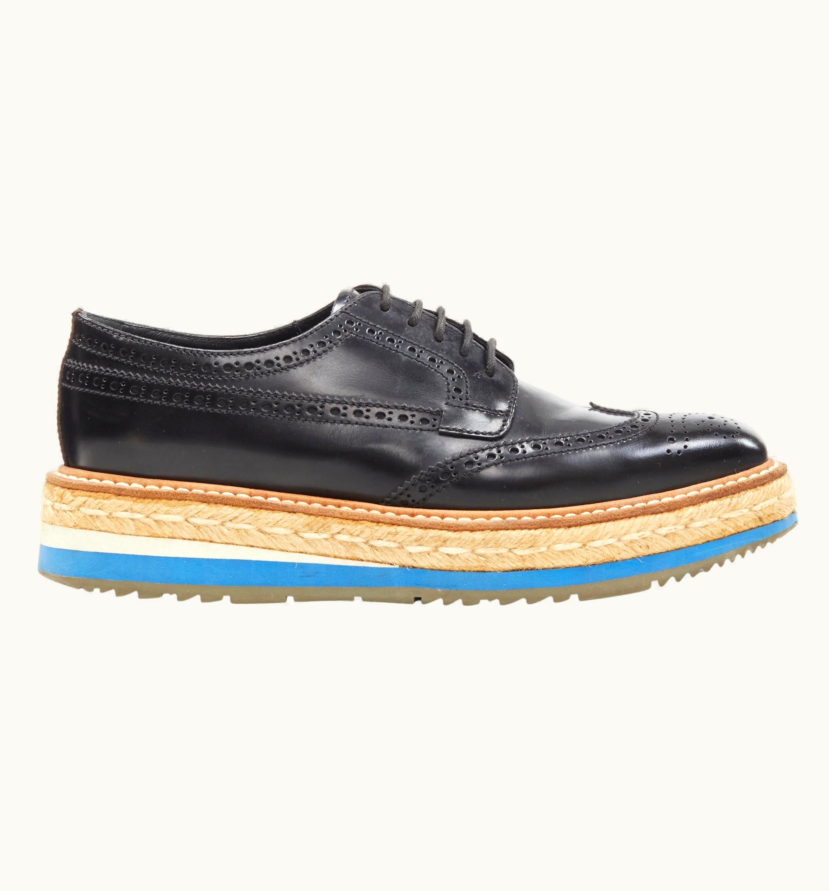 Prada Prada Black Perforated Leather Jute Espadrille Platform Brogue