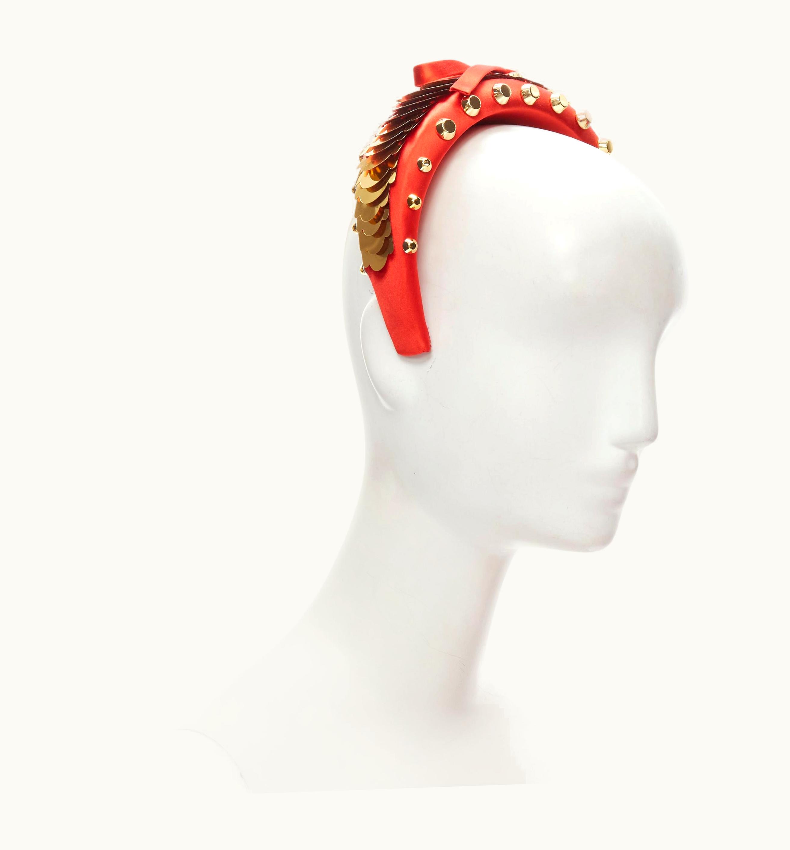 Prada Prada Red Satin Gold Pailette Studded Bow Puffy Headband