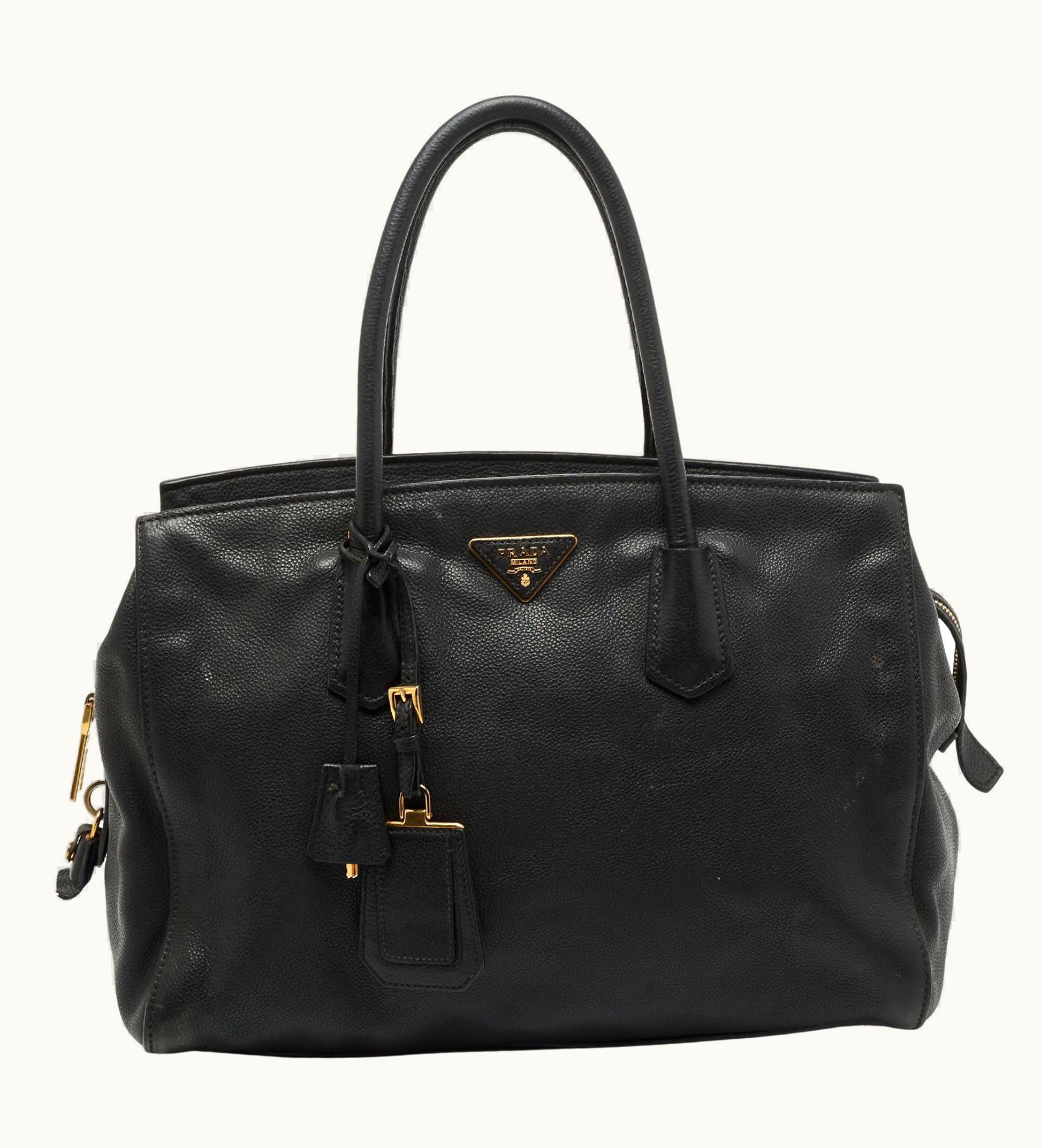 Prada Prada Black VItello Daino Leather Top Zip Tote