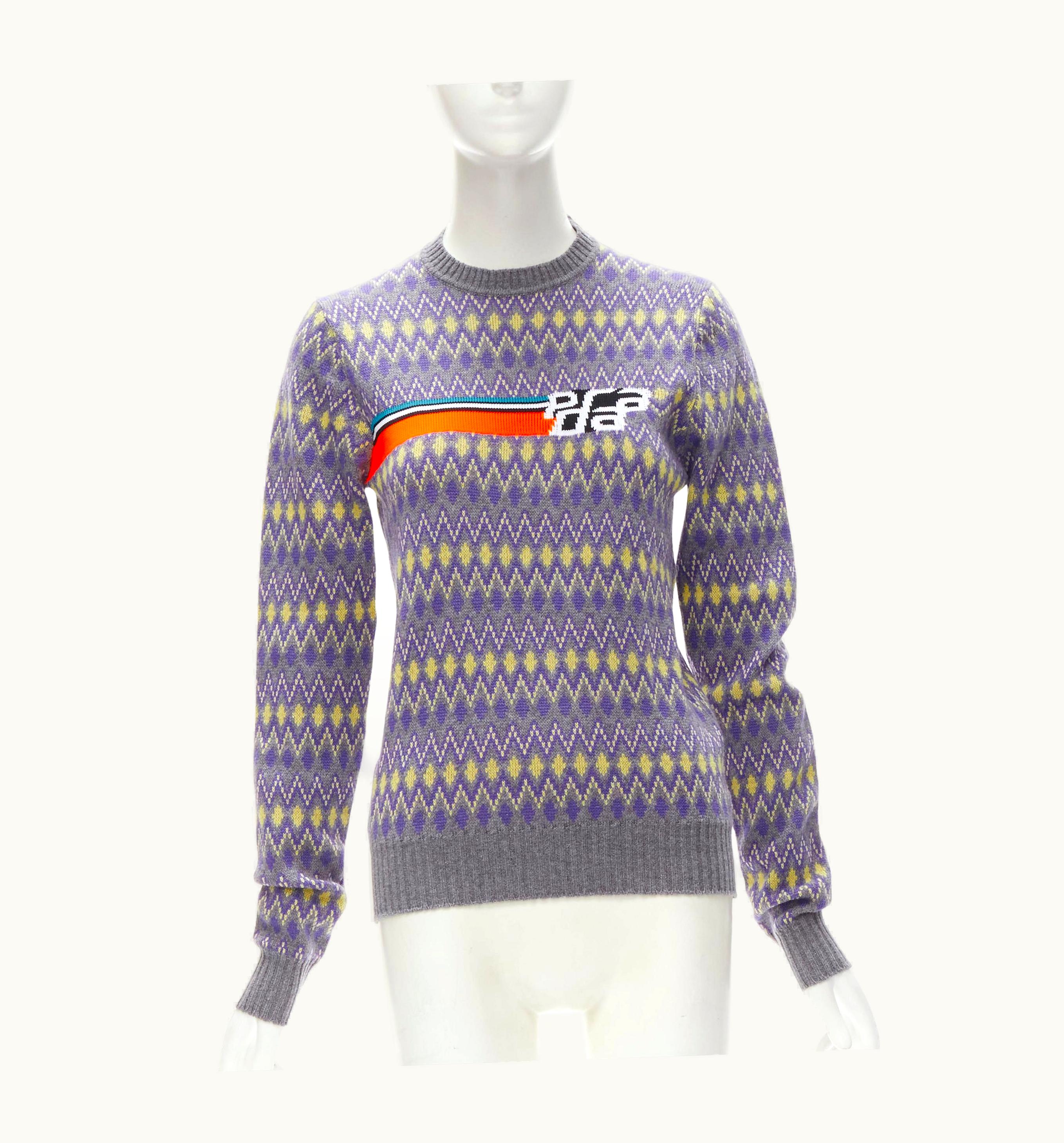 Prada Prada Sports Logo Grey Purple Argyle Knitted Sweater