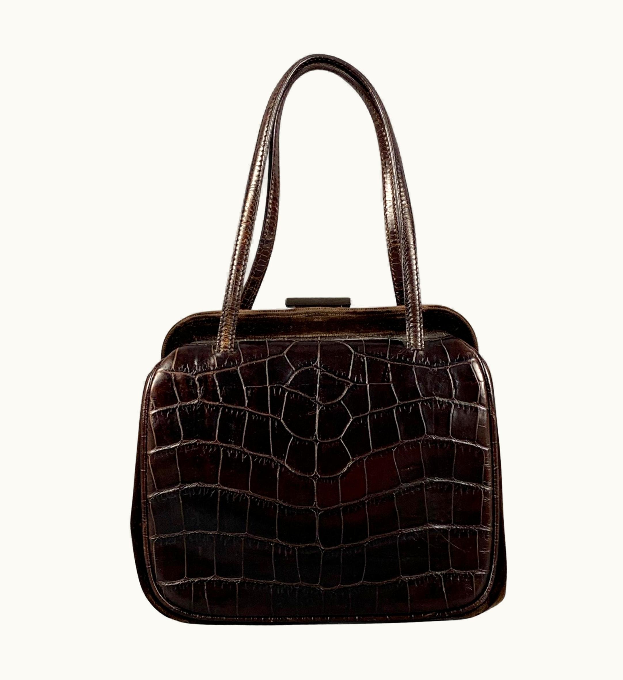 Prada Vintage Prada Brown Alligator Embossed Leather Velvet Mini Handbag