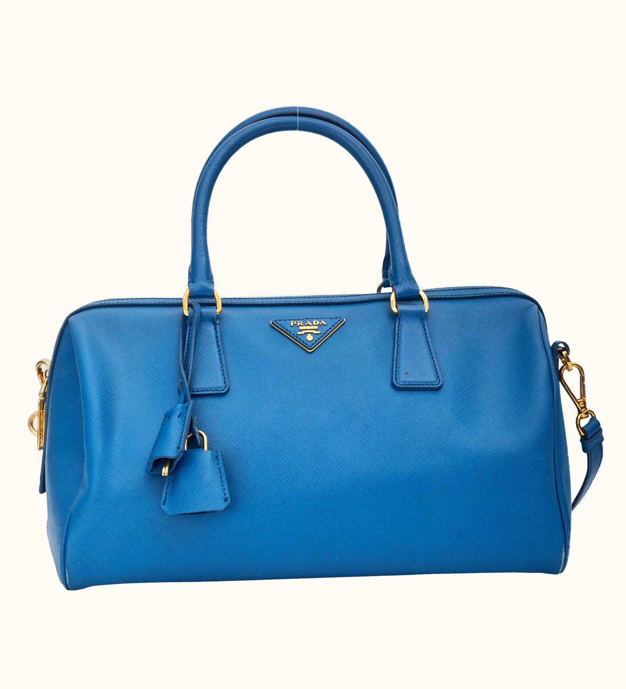 Prada Prada Saffiano Leather Blue Bauletto Boston Bag Round