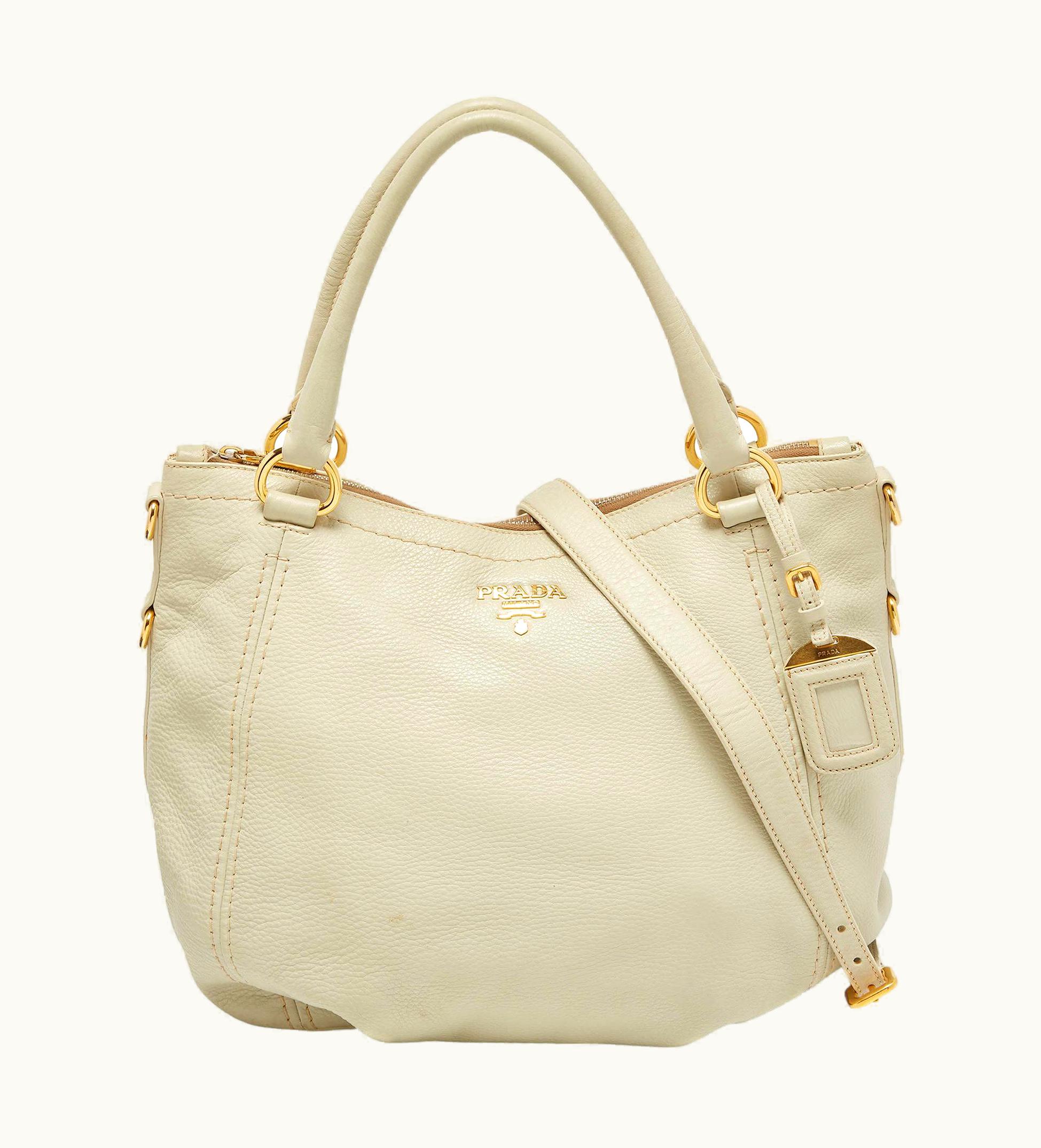 Prada Prada Off White VItello Daino Leather Zip Hobo