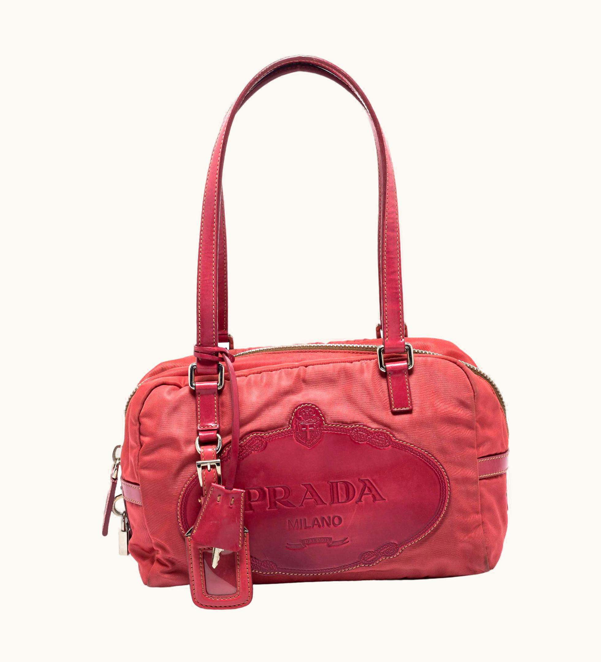 Prada Prada Pink Canvas And Leather Logo Boston Bag