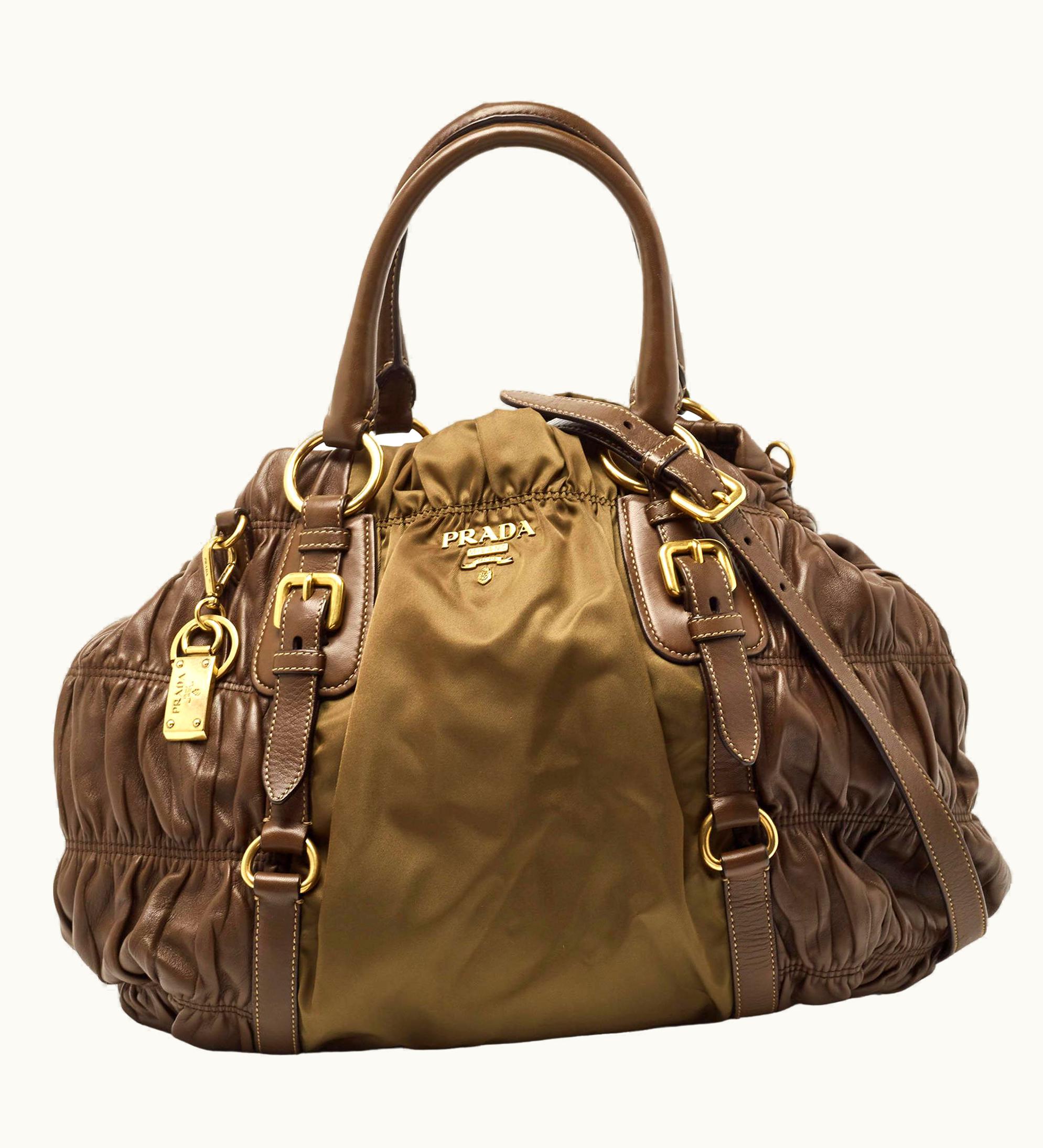 Prada Prada Brown/Olive Green Gaufre Leather And Nylon Tote