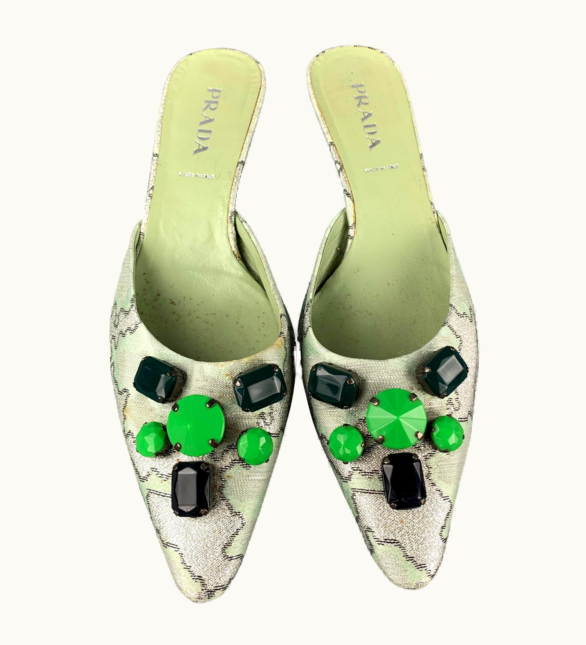 Prada Prada .5 Green Embellishments Silk Kitten Heel Pumps