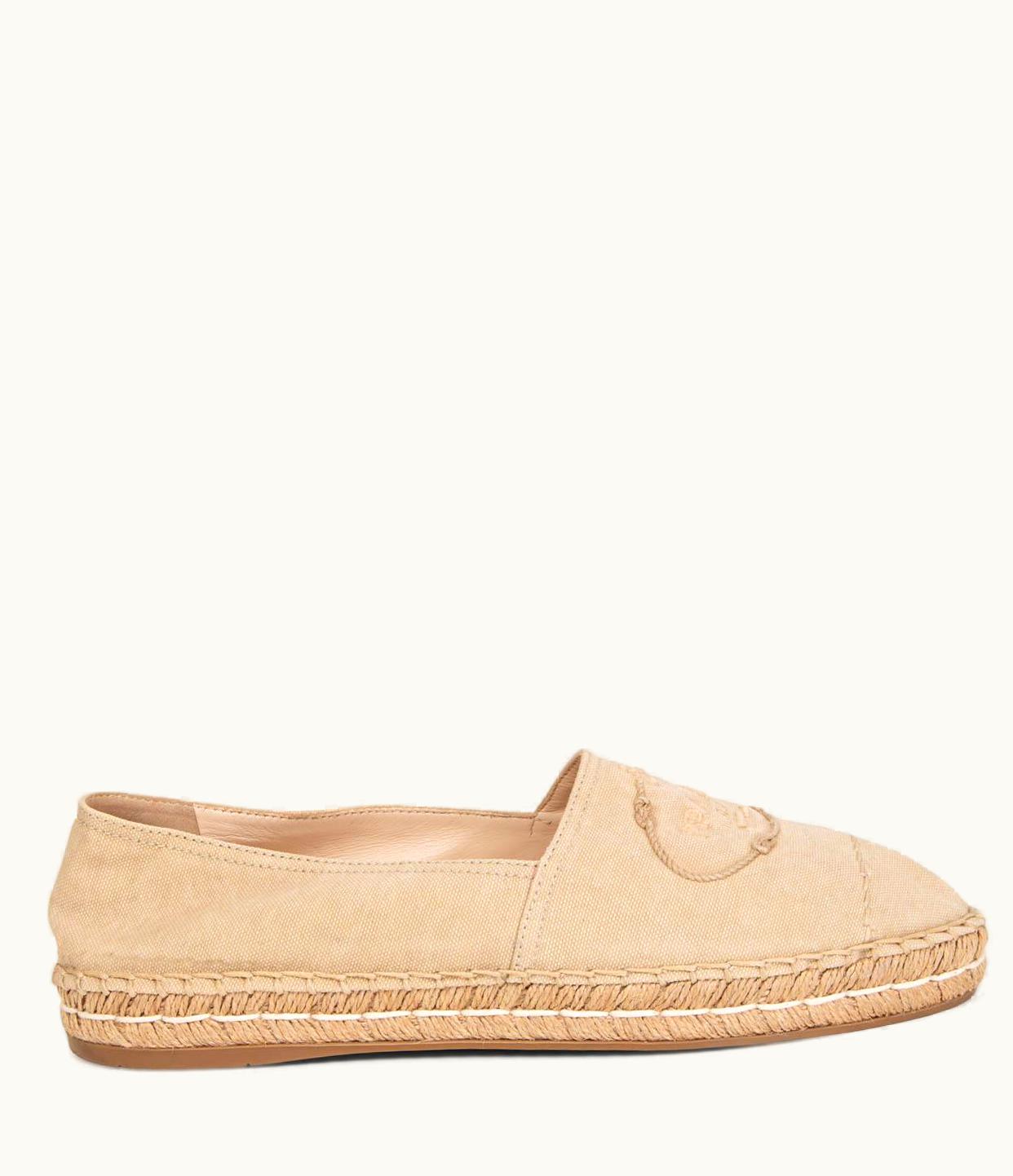 Prada Prada Beige Canvas Logo Embroidered Espadrilles Flats Shoes