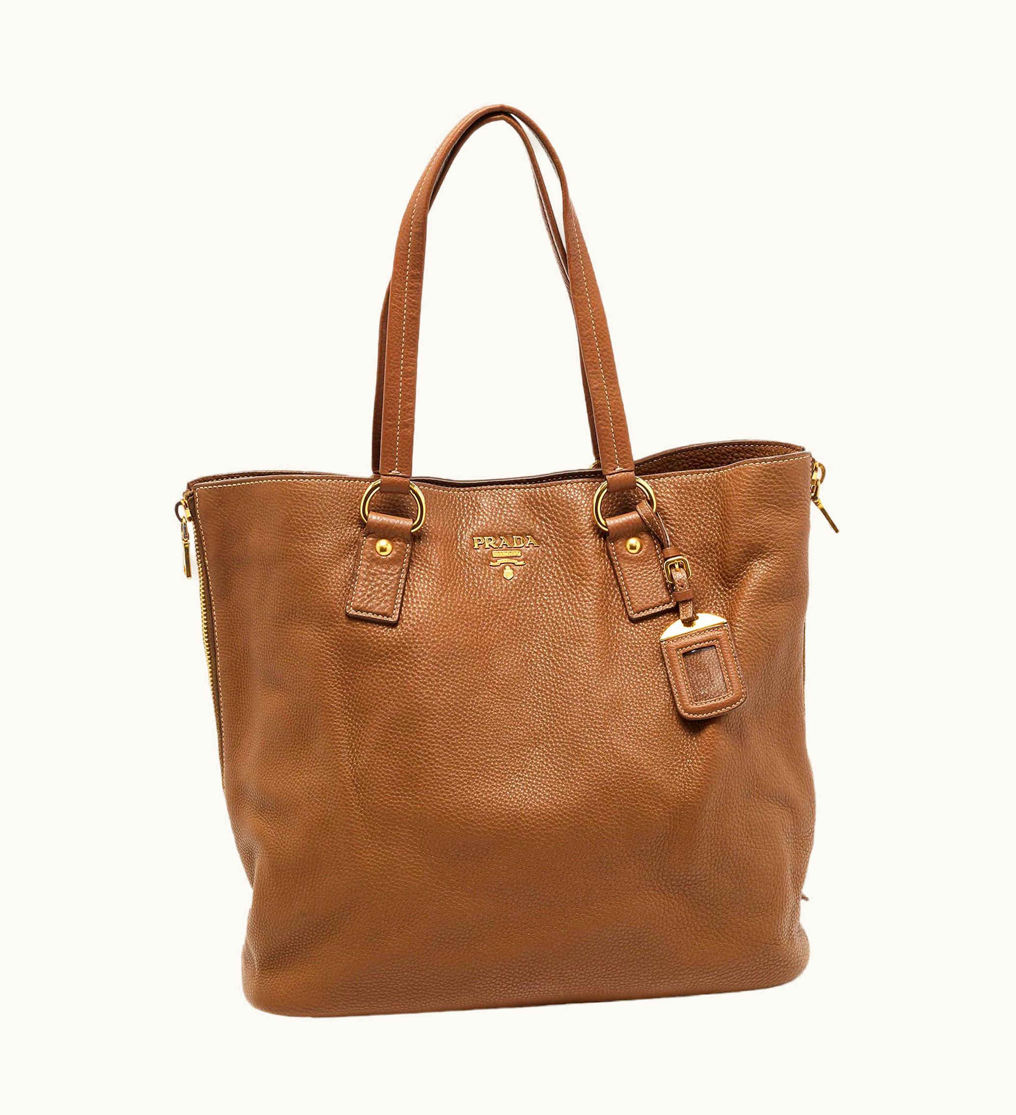 Prada Prada Brown VItello Daino Leather Side Zip Tote