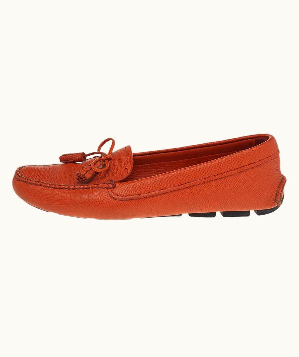 Prada Prada Glint Leather Loafers Orange