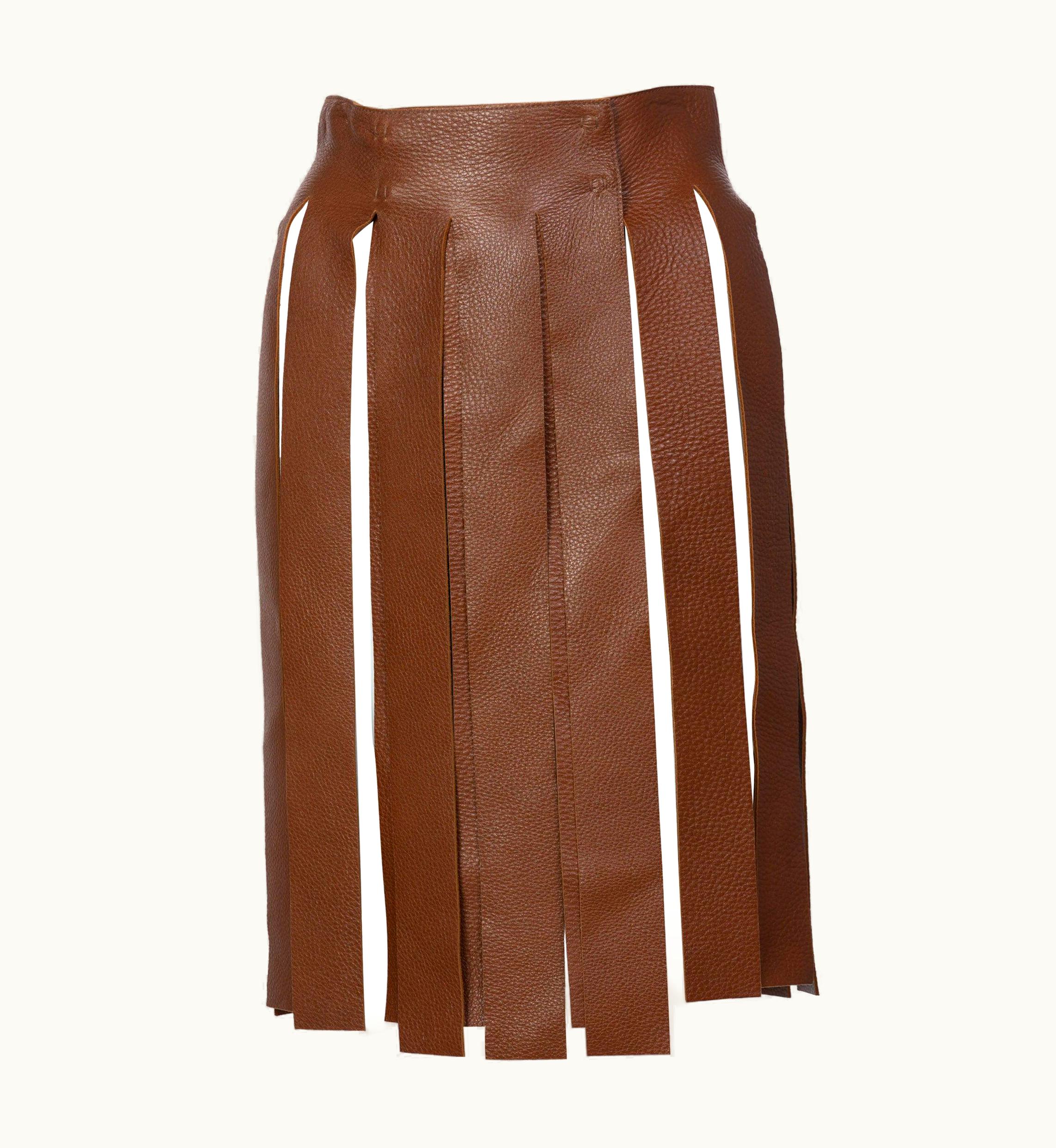 Prada Prada Brown Pebbled Leather Fringe Waist Belt S/S Skirt Overlay