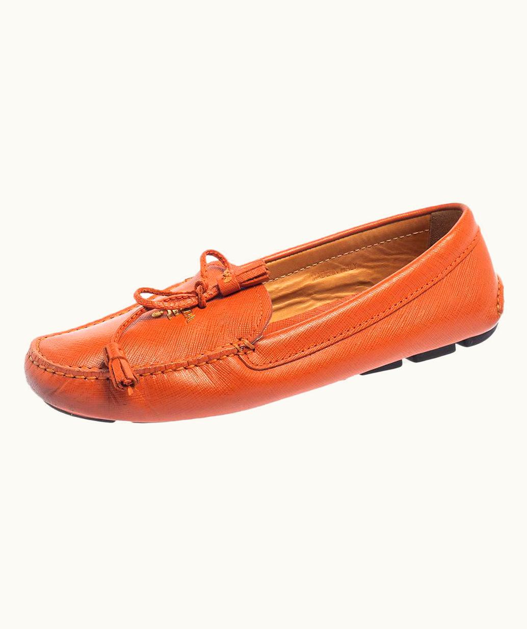 Prada Prada GLINT Leather Slip-On Loafers Orange