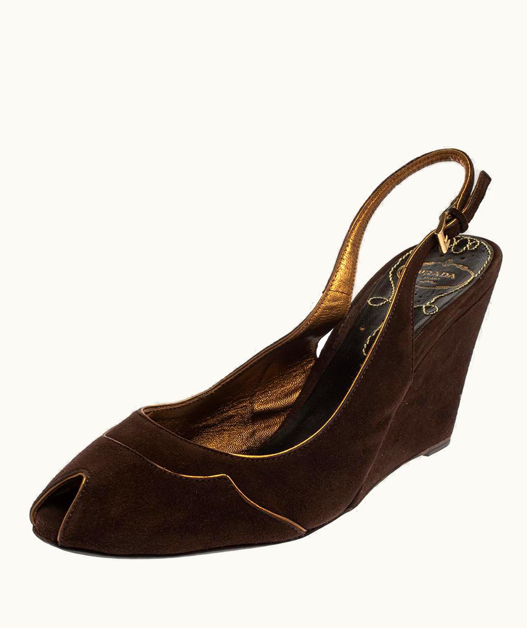 Prada Prada Brown Suede Wedge Peep Toe Sandals