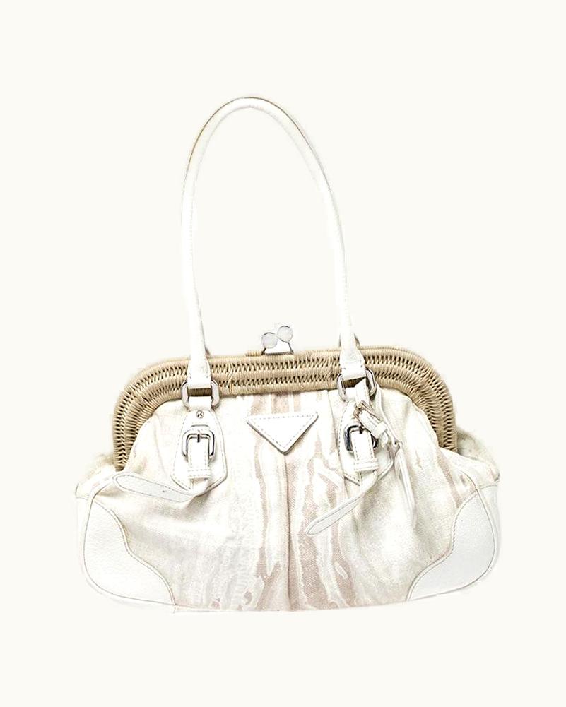Prada Prada Beige/Cream Canvas And Leather Kiss Lock Satchel