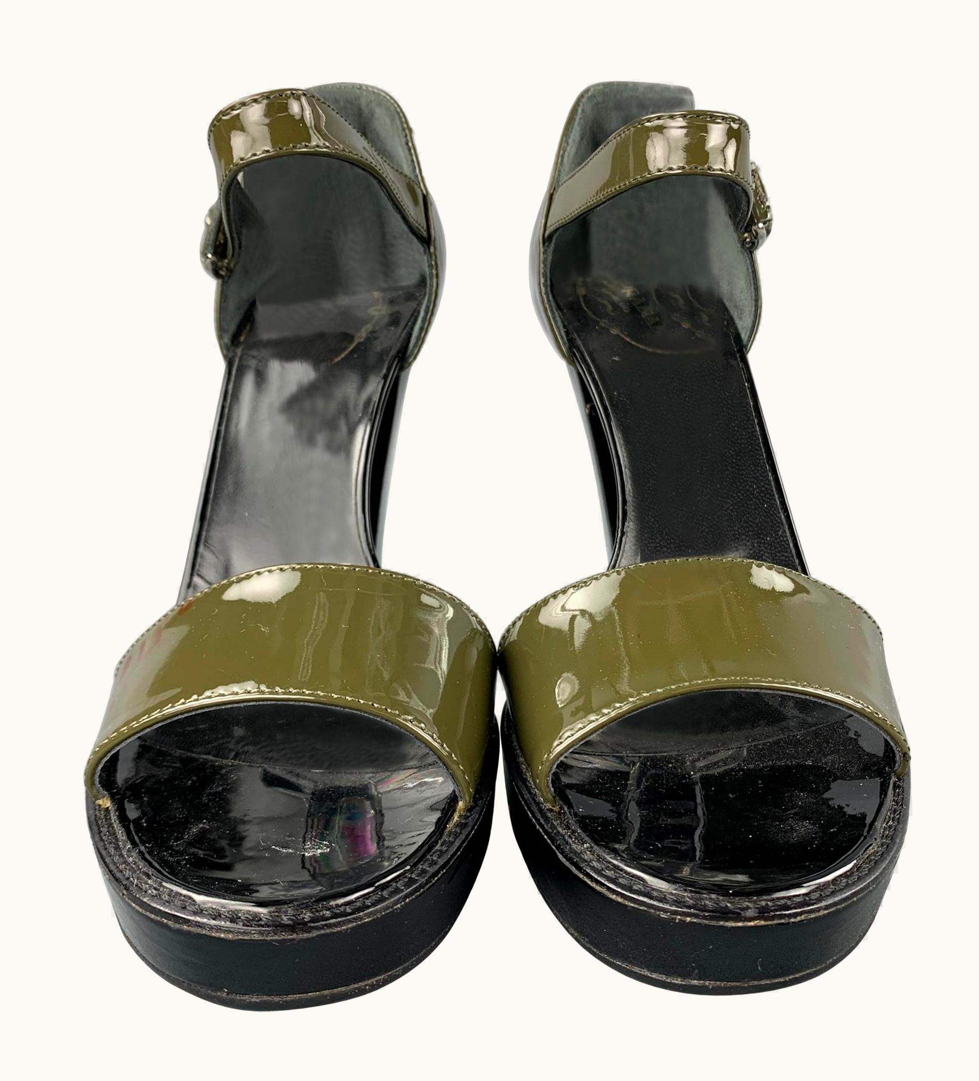 Prada Prada .5 Olive & Black Patent Leather Platform Sandals