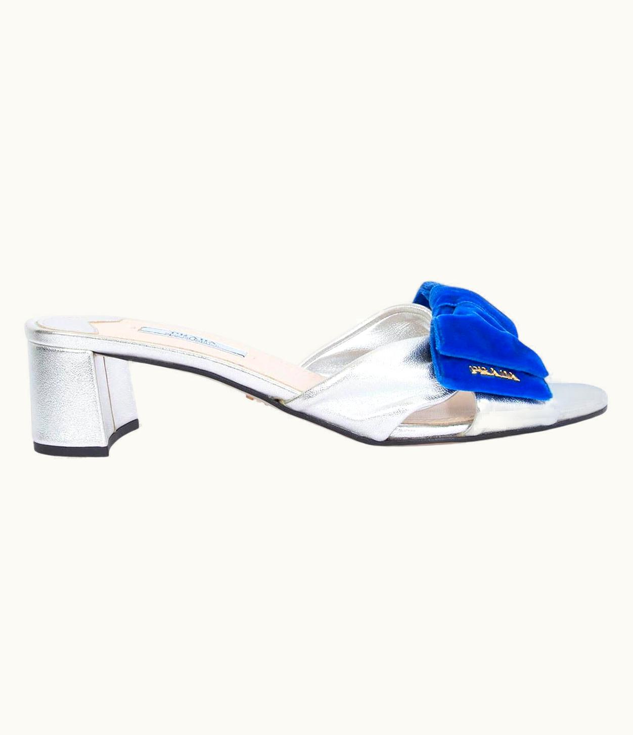 Prada Prada Silver Leather Blue Velvet Bow Sandals Shoes