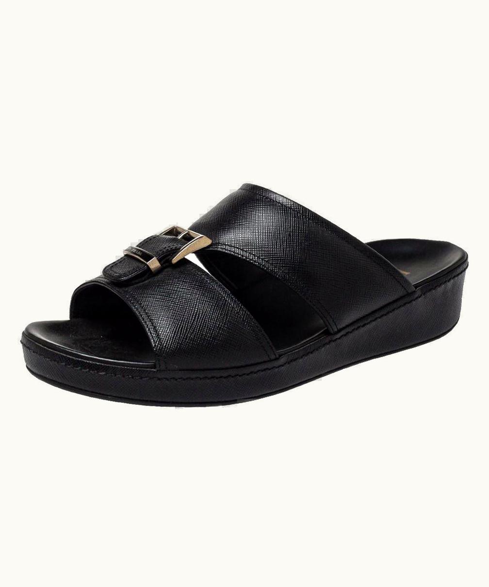 Prada Prada Black Leather Buckle Slide Flat Sandals