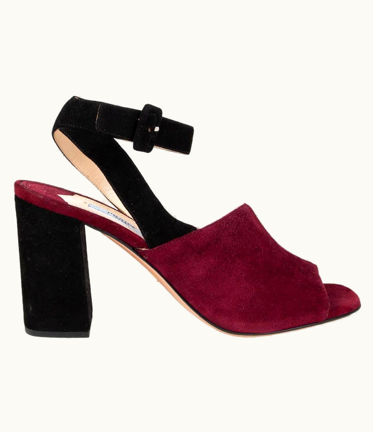 Prada Prada Burgundy & Black Suede Block Heel Sandals Shoes