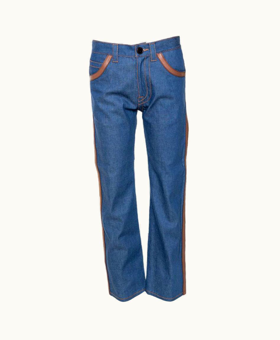 Prada Prada Blue Denim Leather Trim Straight Leg Jeans