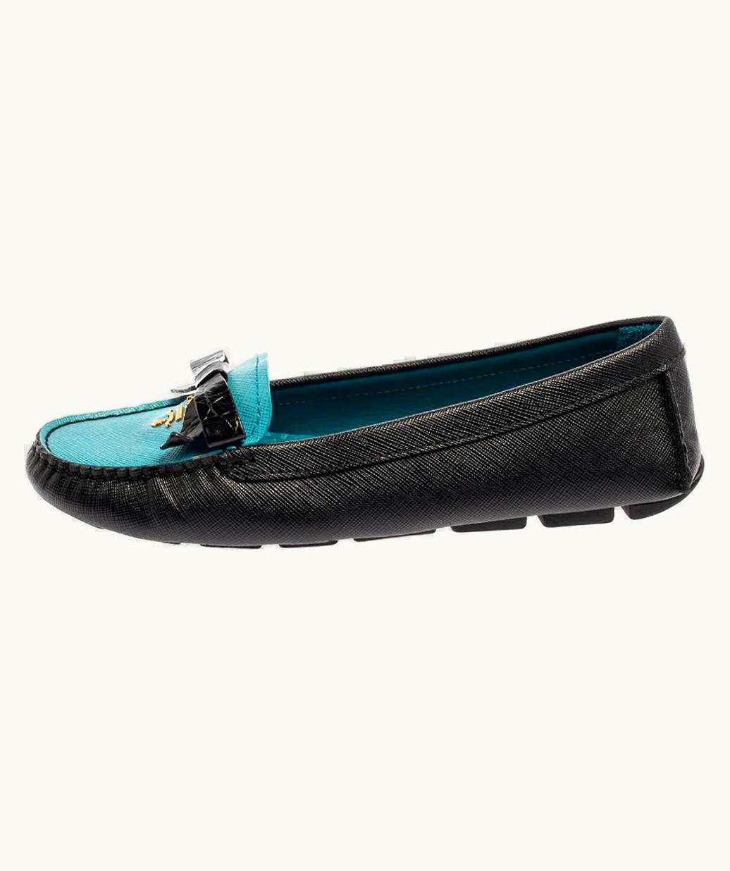 Prada Prada Black/Blue Saffiano Leather Bow Loafers