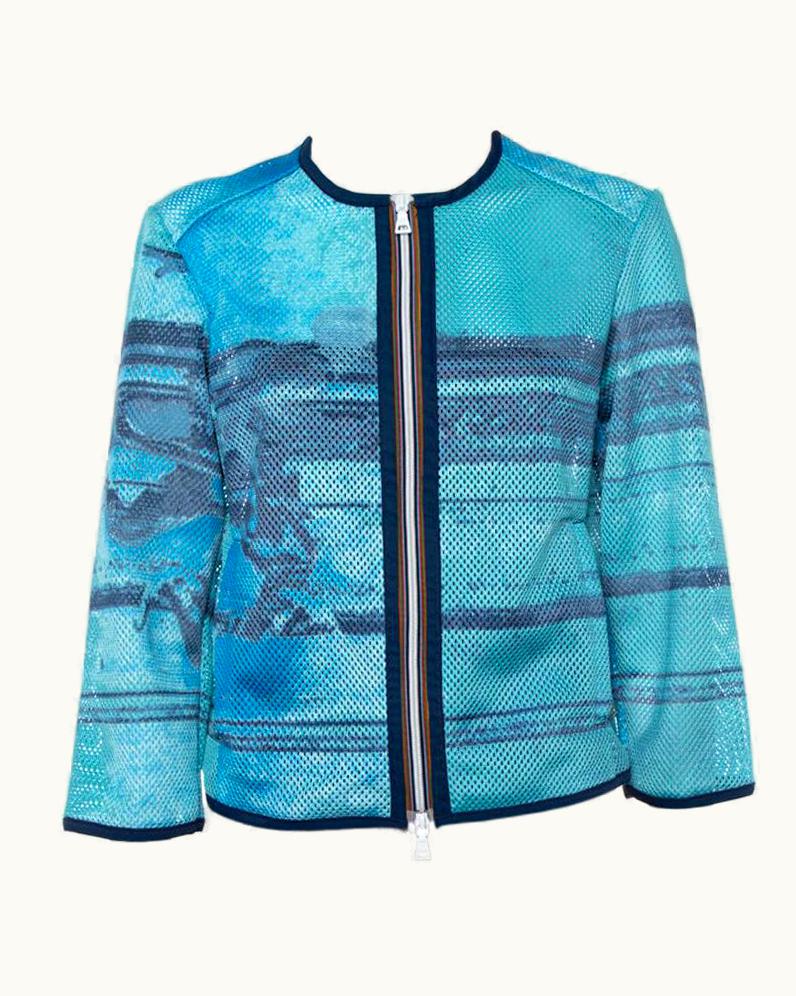 Prada Prada Blue Abstract Print Perforated Zip Front Jacket